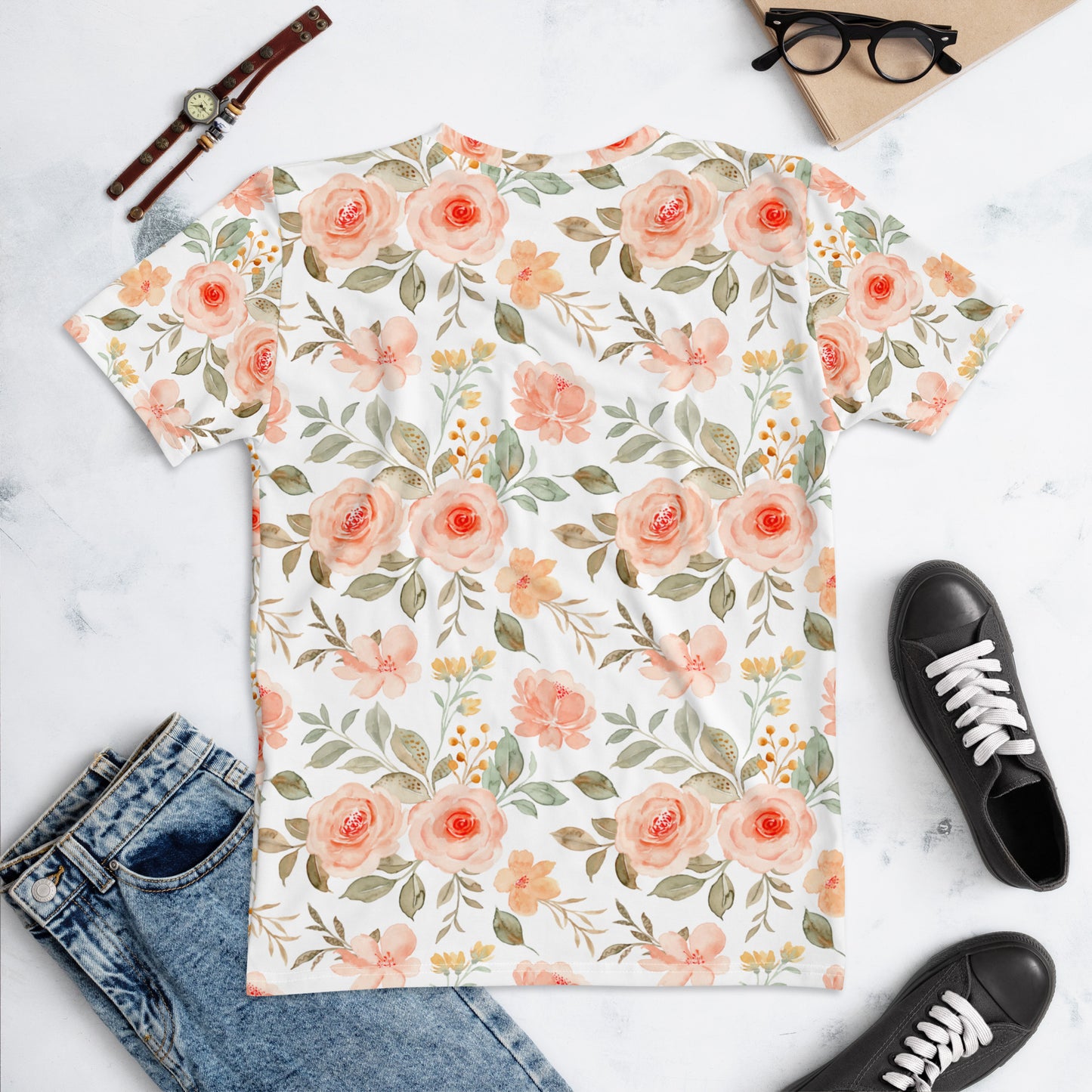 All-Over Print Women's Crew Neck T-Shirt | rose_flower_watercolor_seamless_pattern