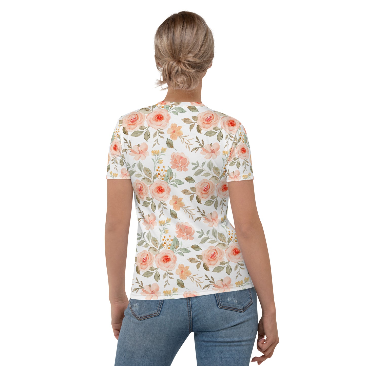 All-Over Print Women's Crew Neck T-Shirt | rose_flower_watercolor_seamless_pattern