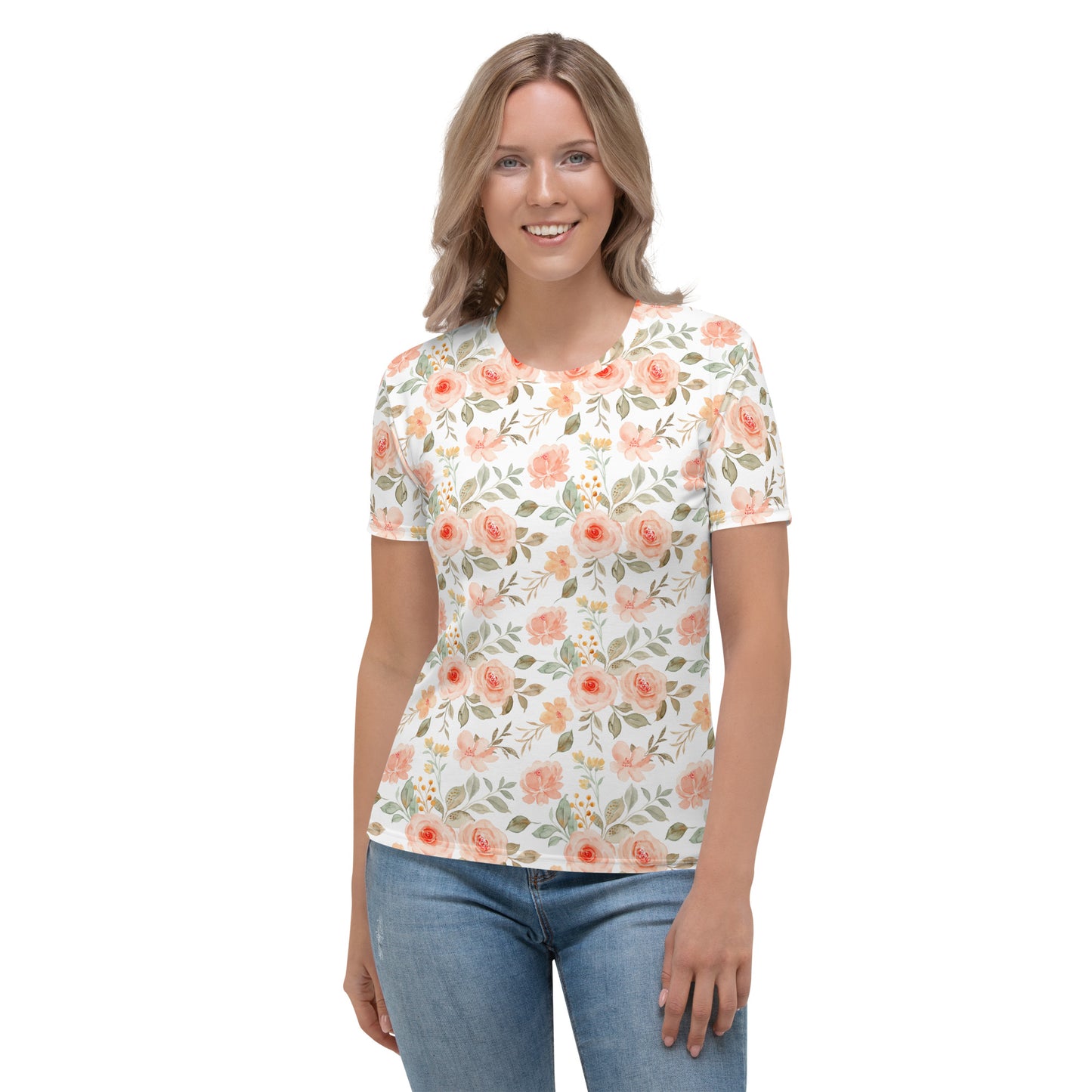 All-Over Print Women's Crew Neck T-Shirt | rose_flower_watercolor_seamless_pattern
