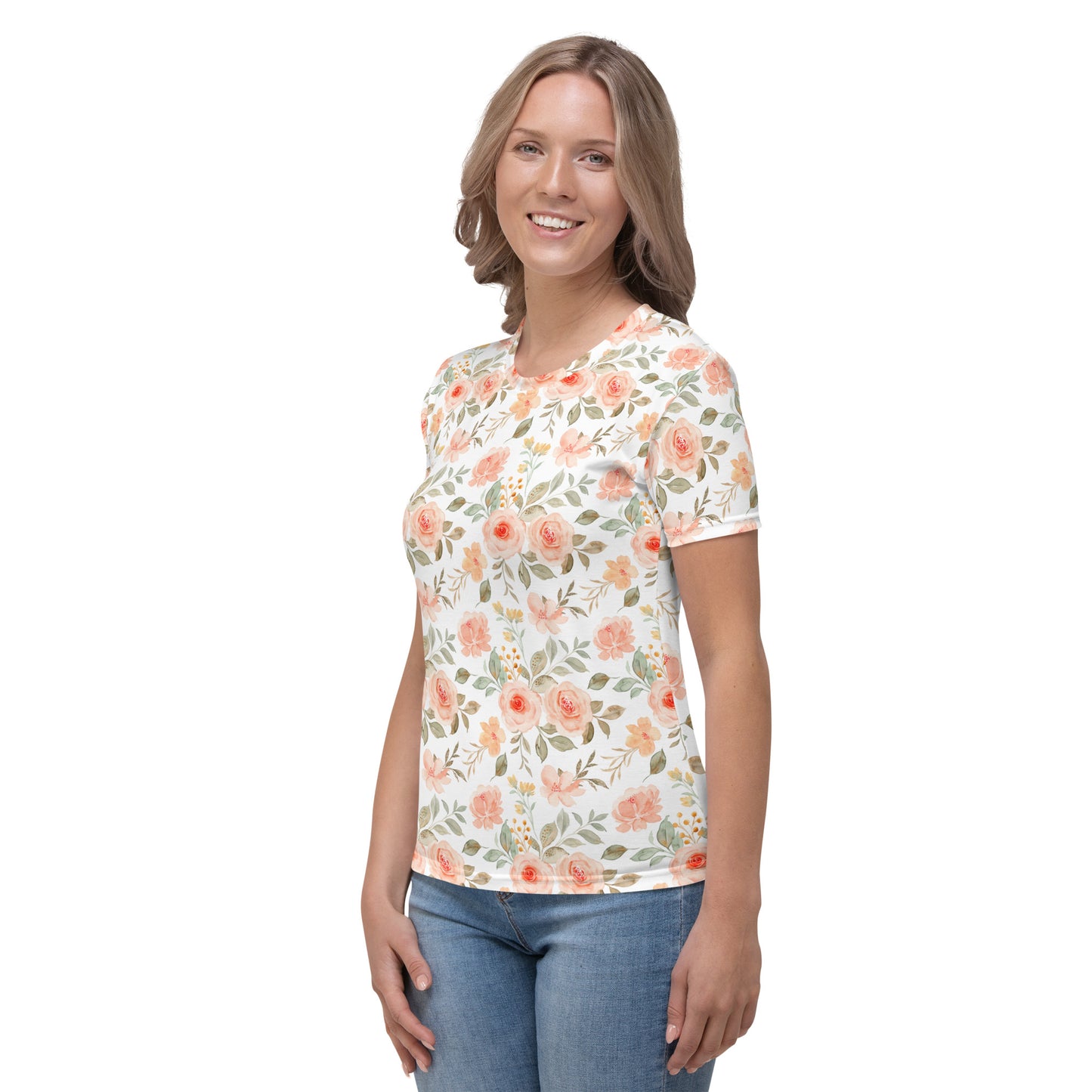 All-Over Print Women's Crew Neck T-Shirt | rose_flower_watercolor_seamless_pattern