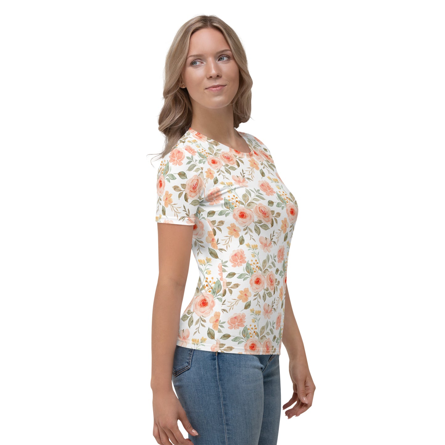 All-Over Print Women's Crew Neck T-Shirt | rose_flower_watercolor_seamless_pattern