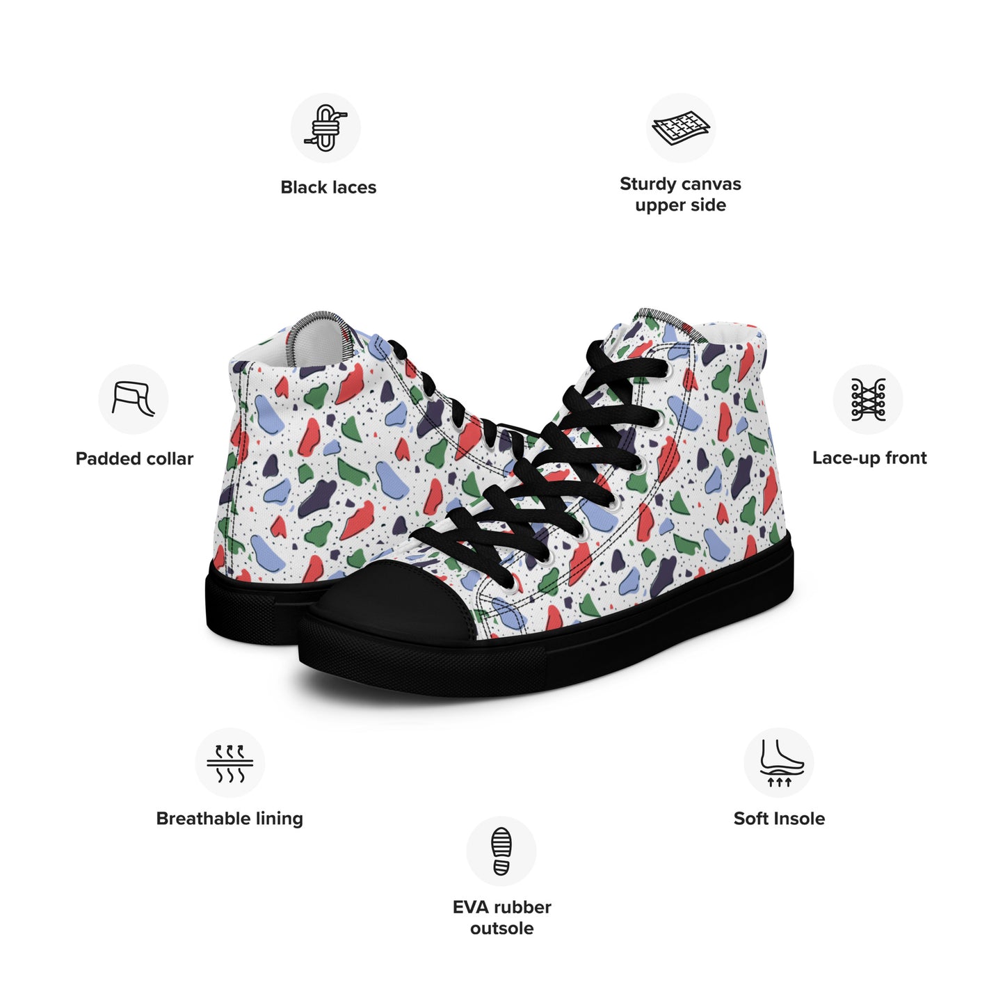 Men’s high top canvas shoes - Colorful terrazzo pattern design - print on demand