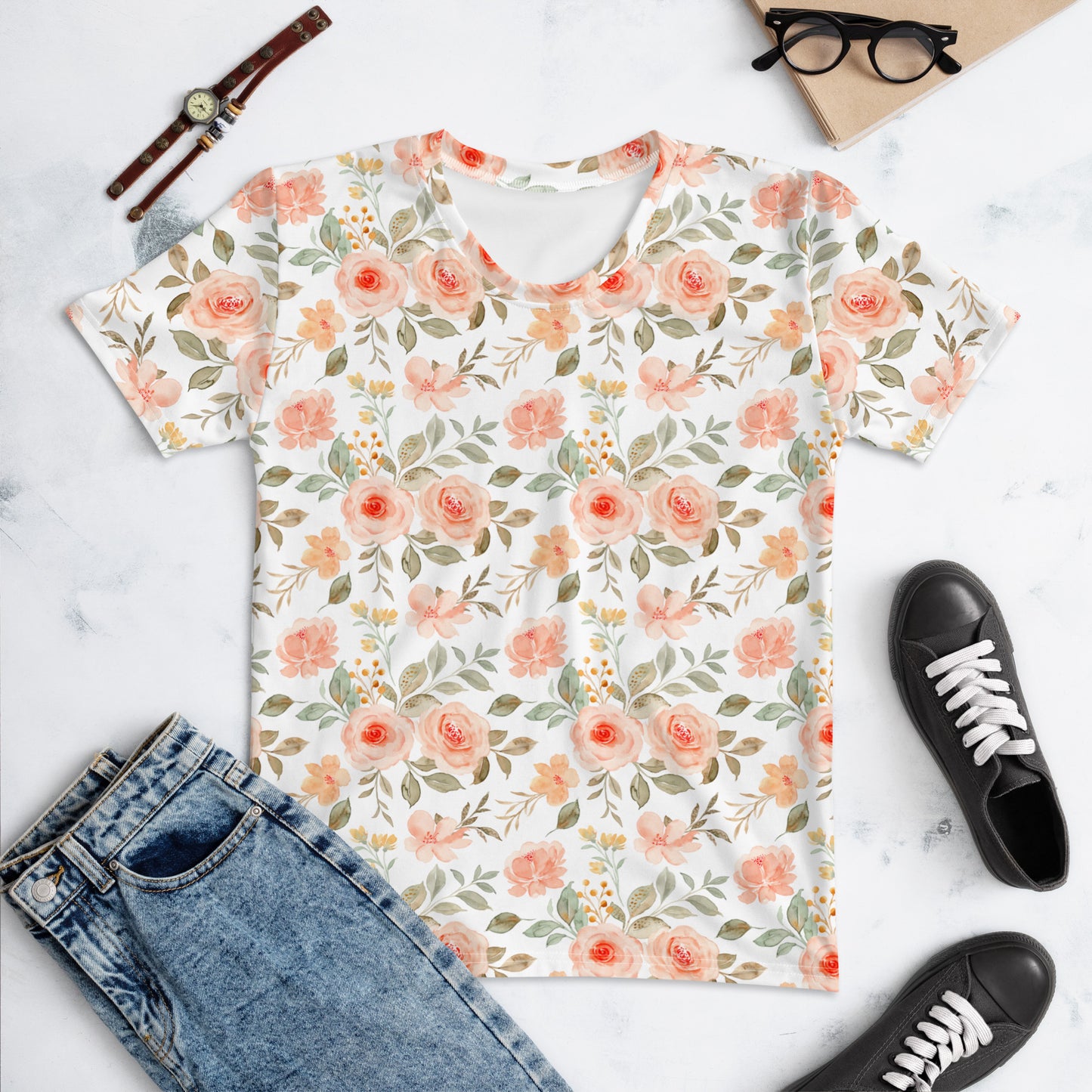 All-Over Print Women's Crew Neck T-Shirt | rose_flower_watercolor_seamless_pattern