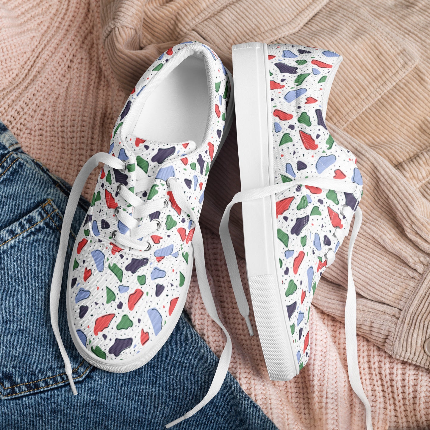 Men’s lace-up canvas shoes - Colorful terrazzo pattern design - print on demand