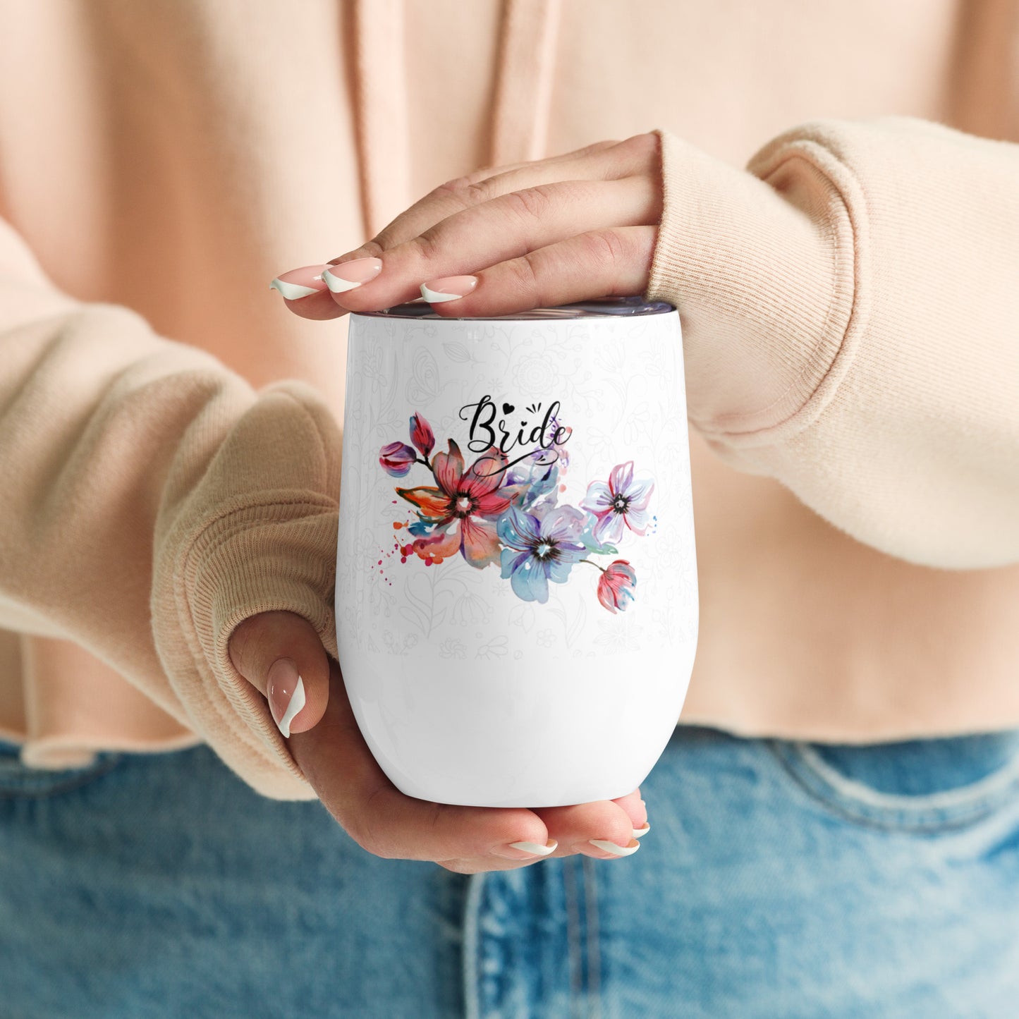 Wine tumbler - bride flower design - print on demand