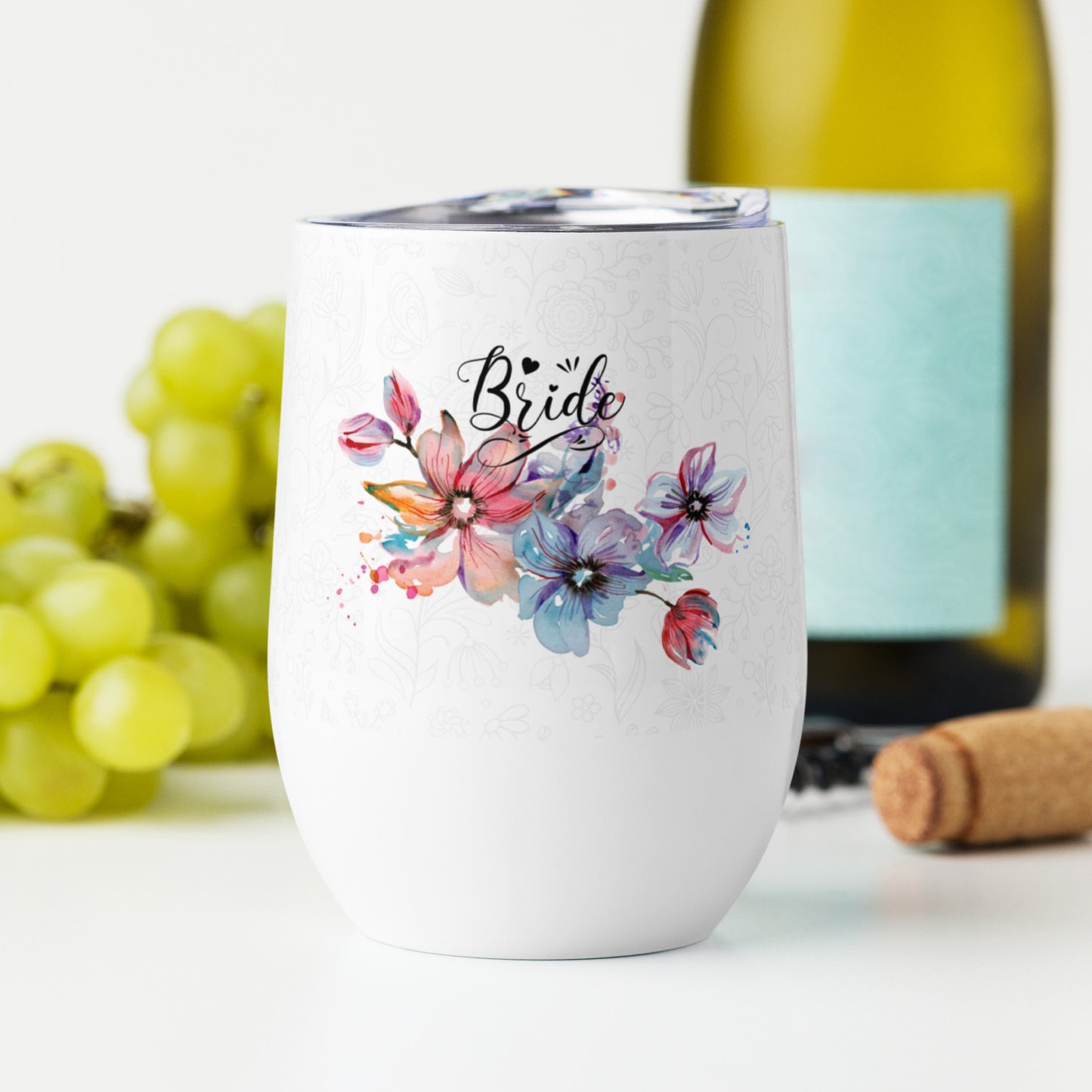 Wine tumbler - bride flower design - print on demand