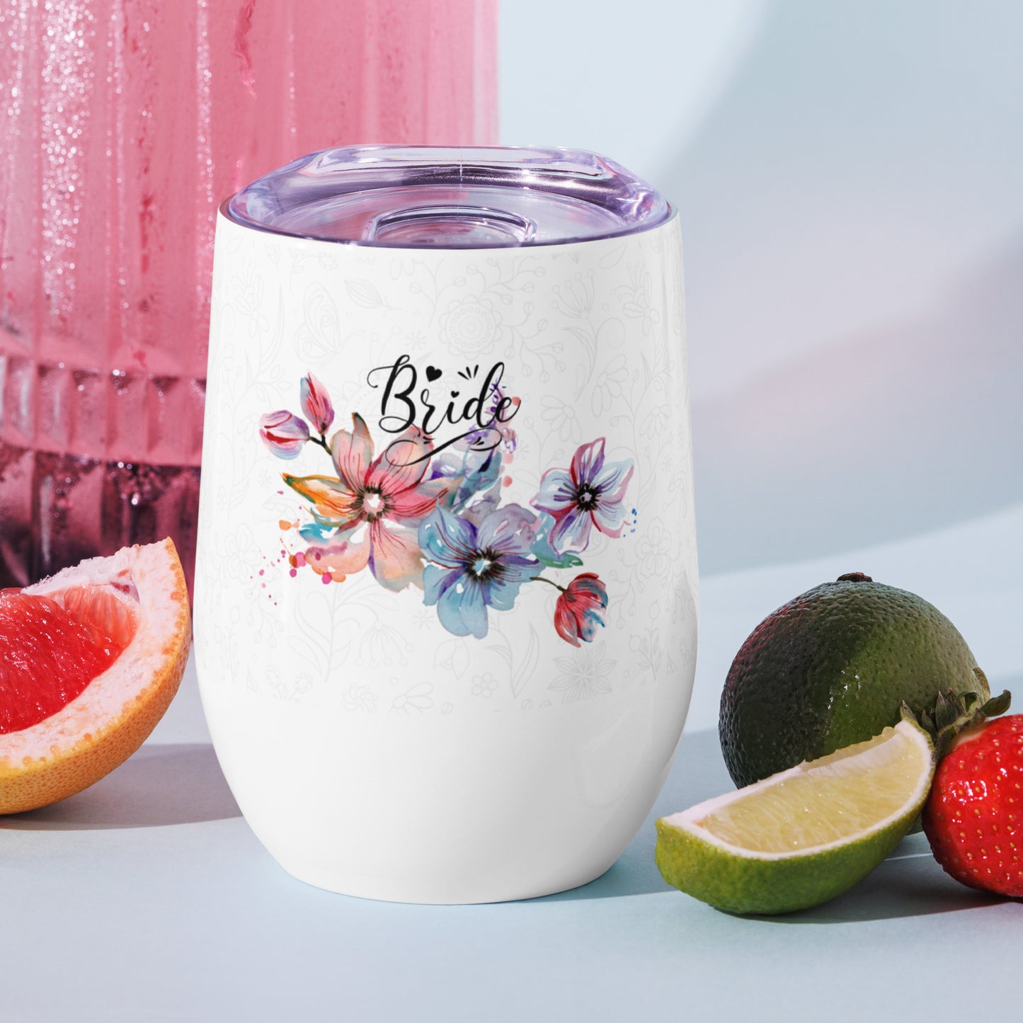 Wine tumbler - bride flower design - print on demand