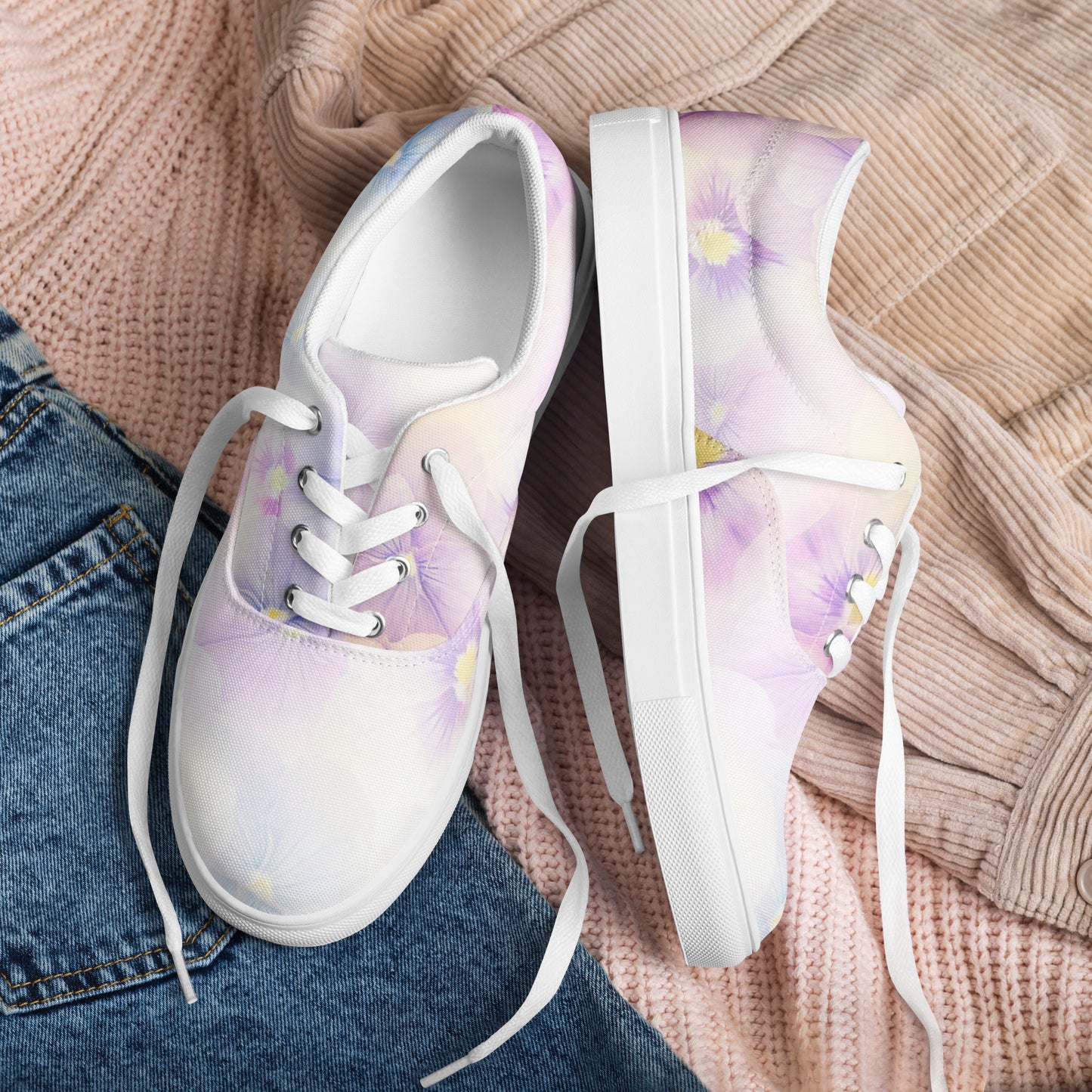 Women’s lace-up canvas shoes  | Violet Flowers Background | print your demand