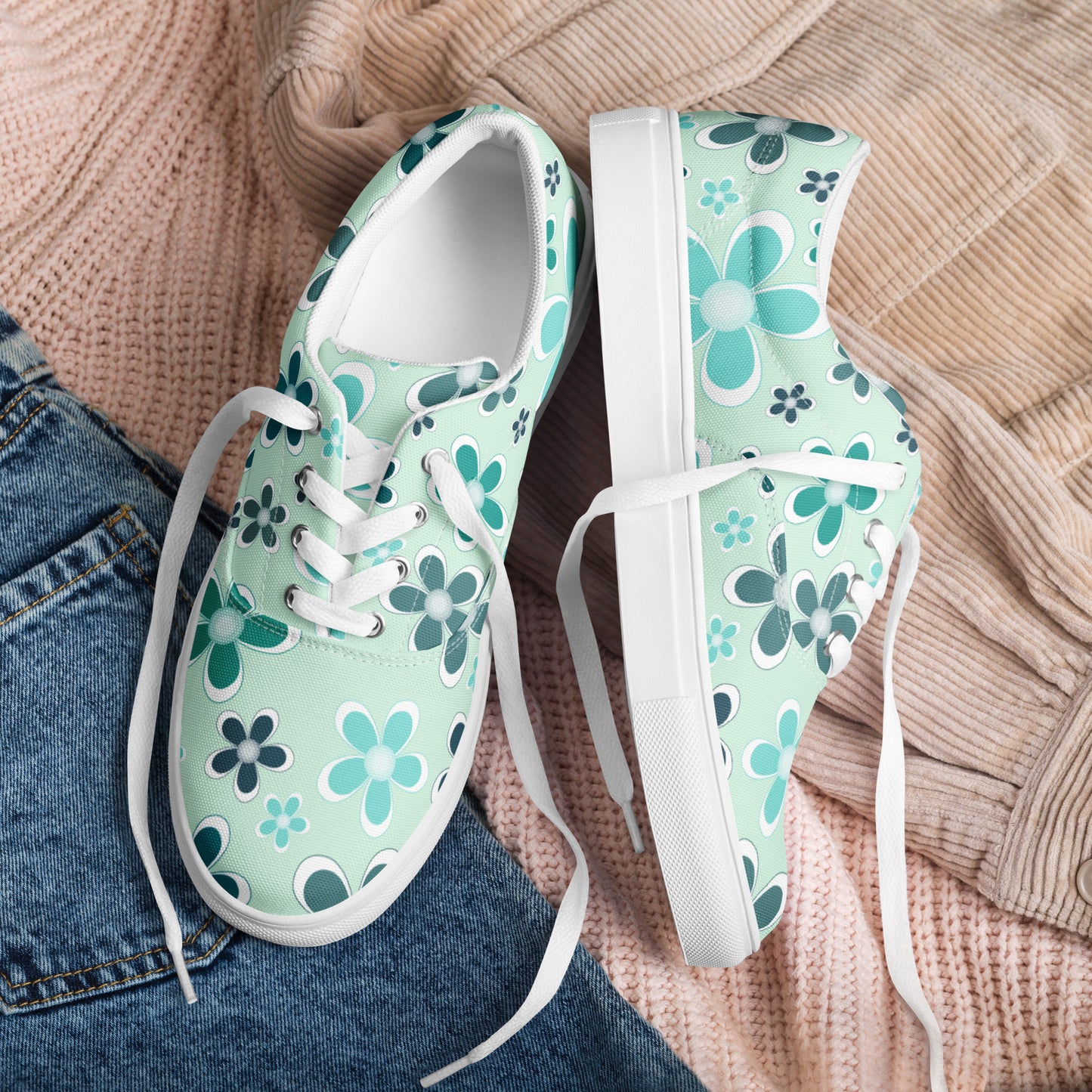 Women’s lace-up canvas shoes - Flower Pattern - print on demand