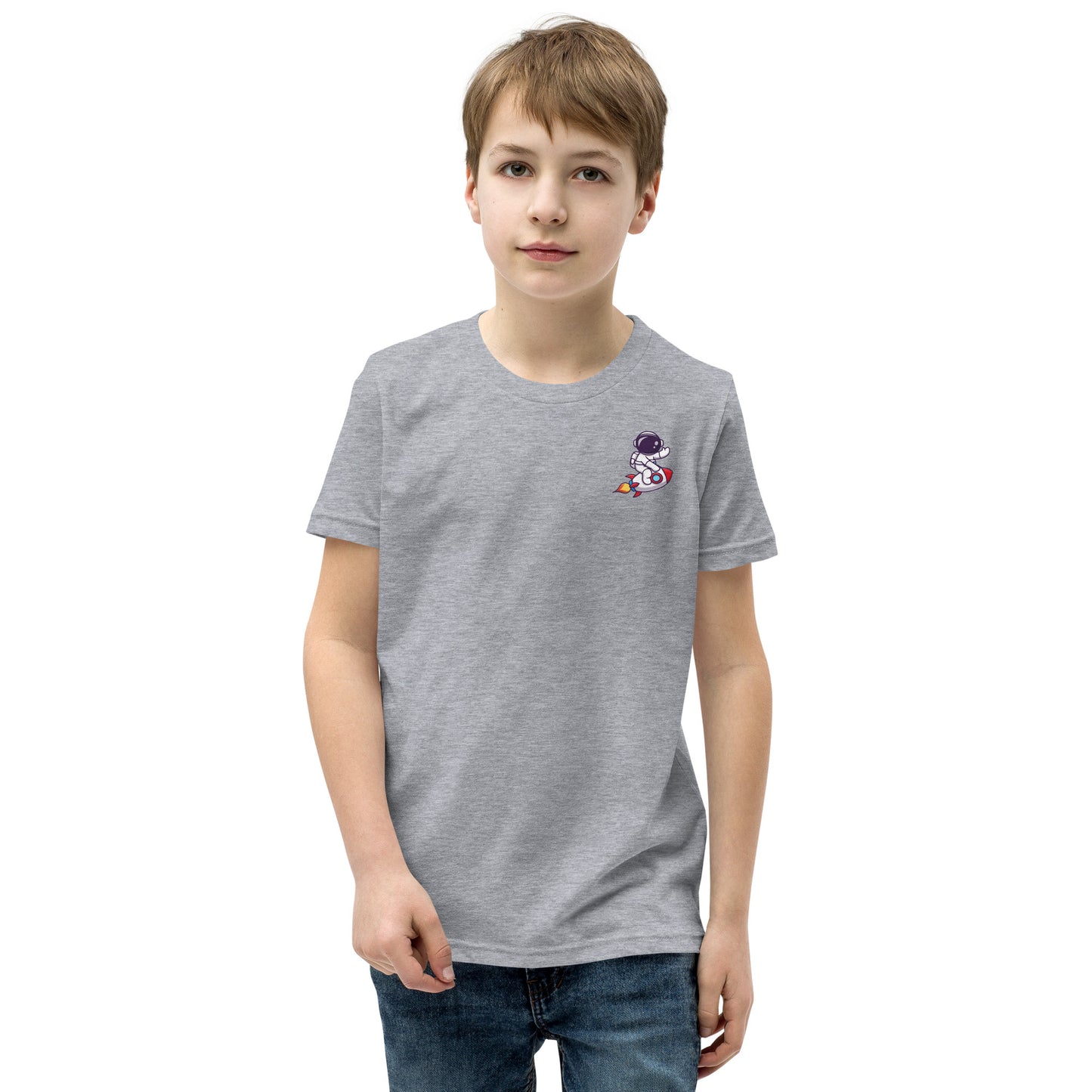 Youth Short Sleeve T-Shirt | Cute astronaut riding rocket | print on demand