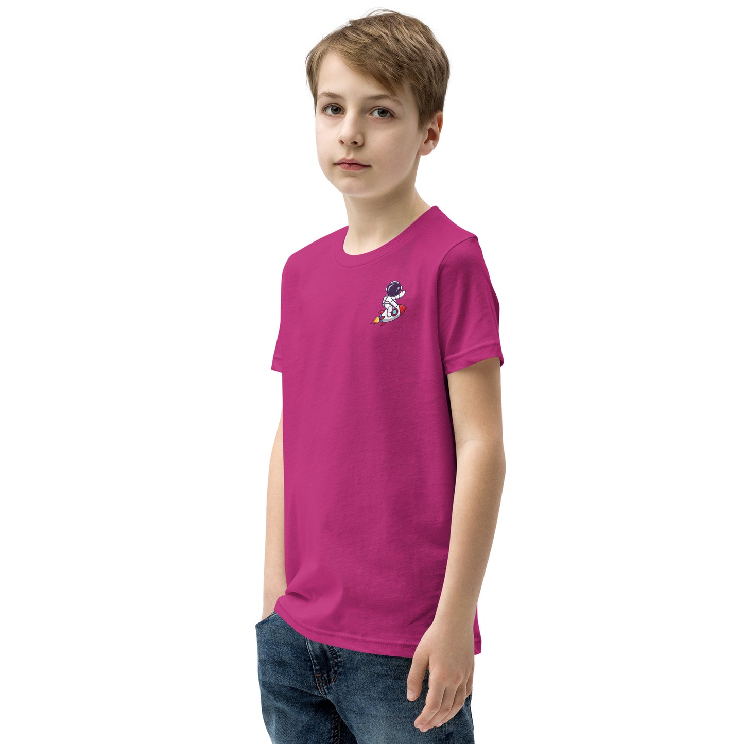 Youth Short Sleeve T-Shirt | Cute astronaut riding rocket | print on demand