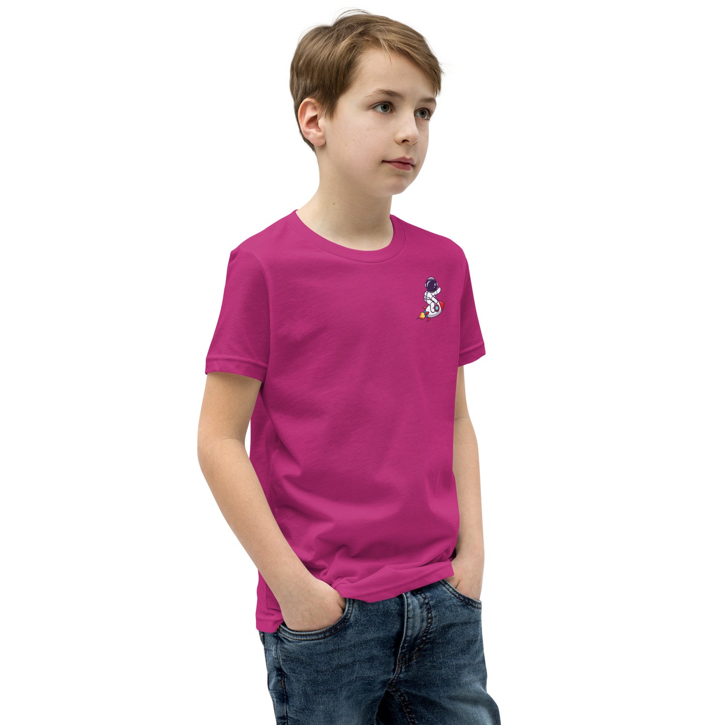 Youth Short Sleeve T-Shirt | Cute astronaut riding rocket | print on demand