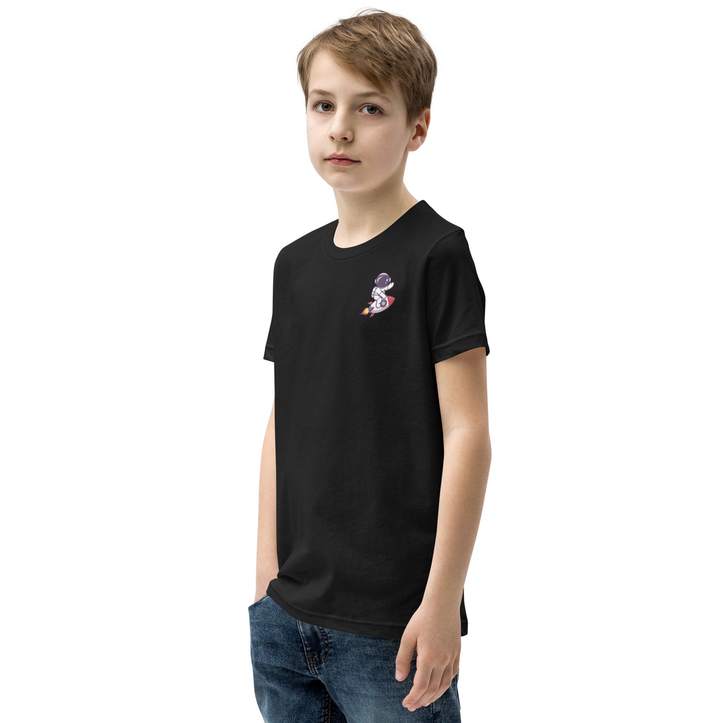 Youth Short Sleeve T-Shirt | Cute astronaut riding rocket | print on demand