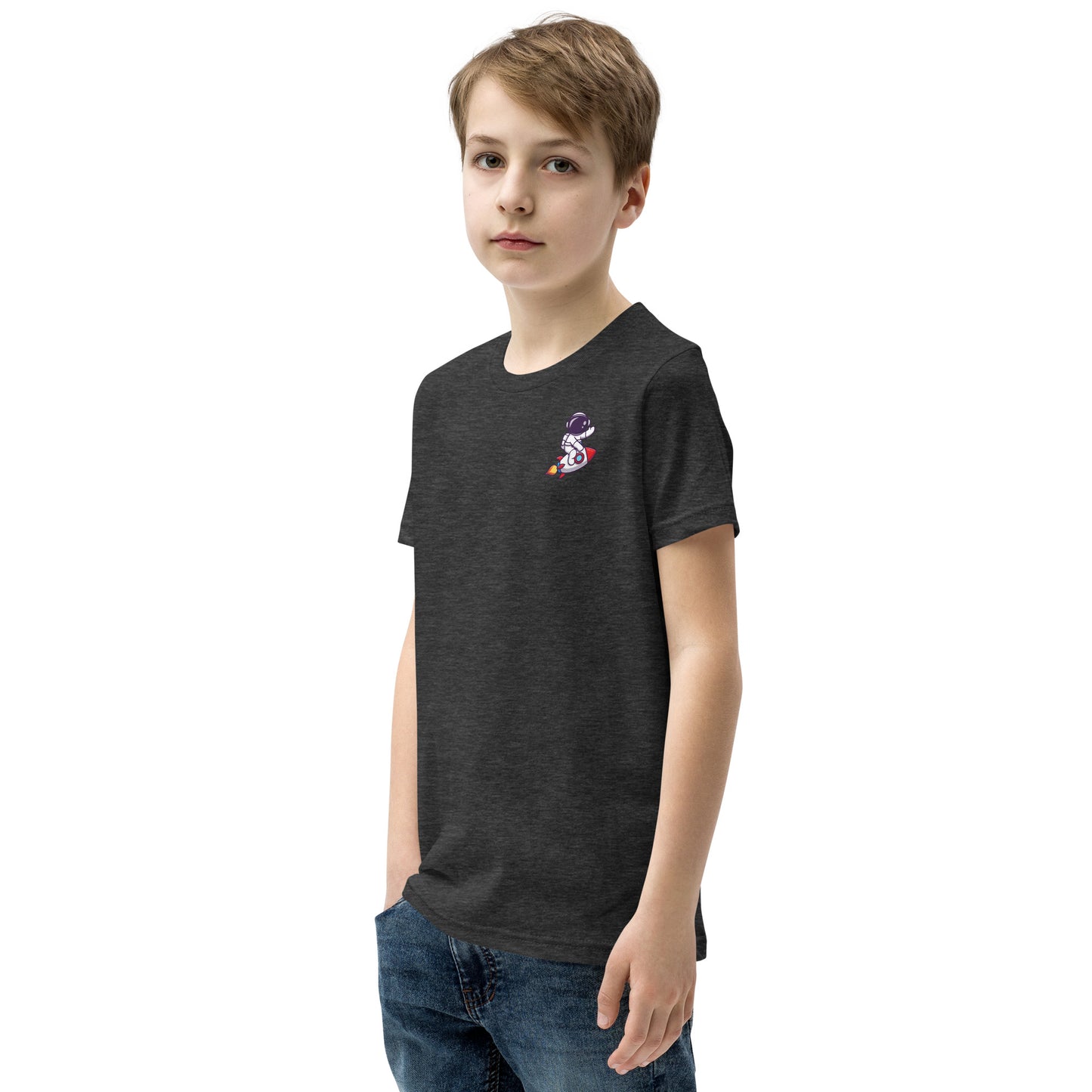 Youth Short Sleeve T-Shirt | Cute astronaut riding rocket | print on demand