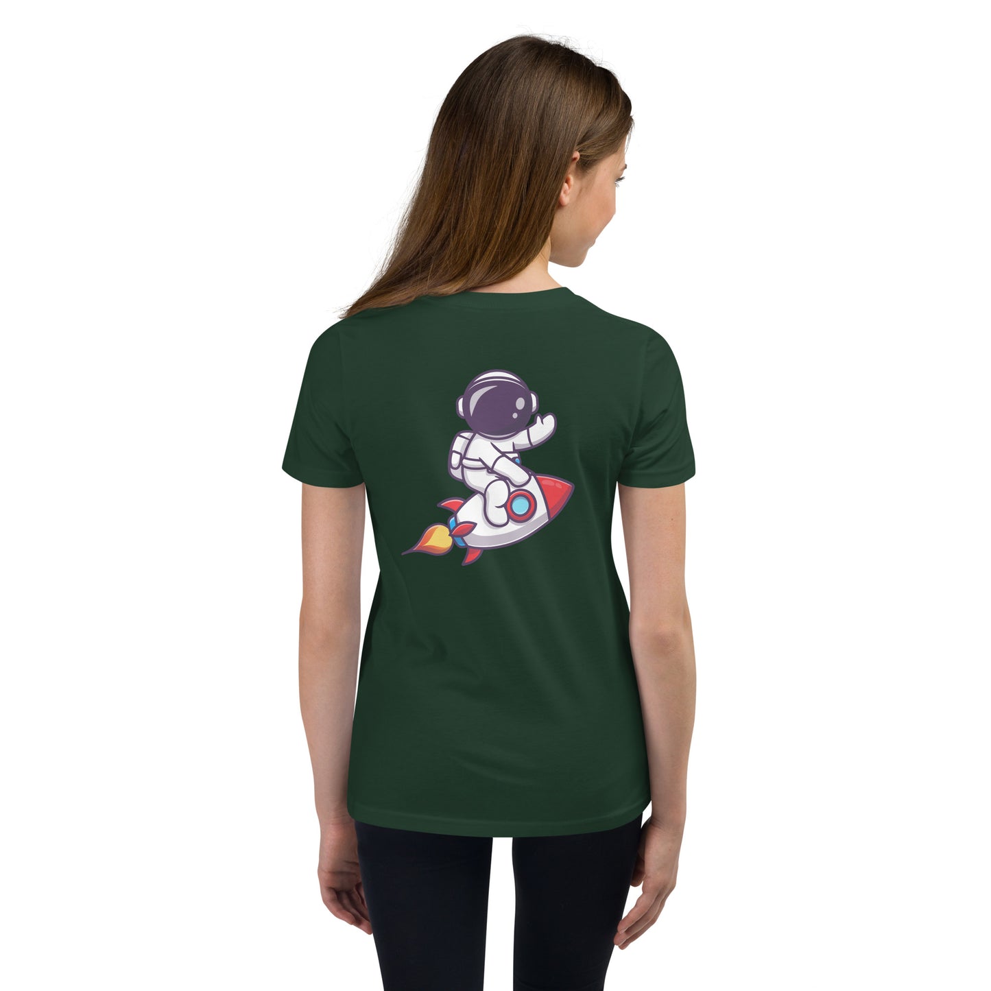 Youth Short Sleeve T-Shirt | Cute astronaut riding rocket | print on demand