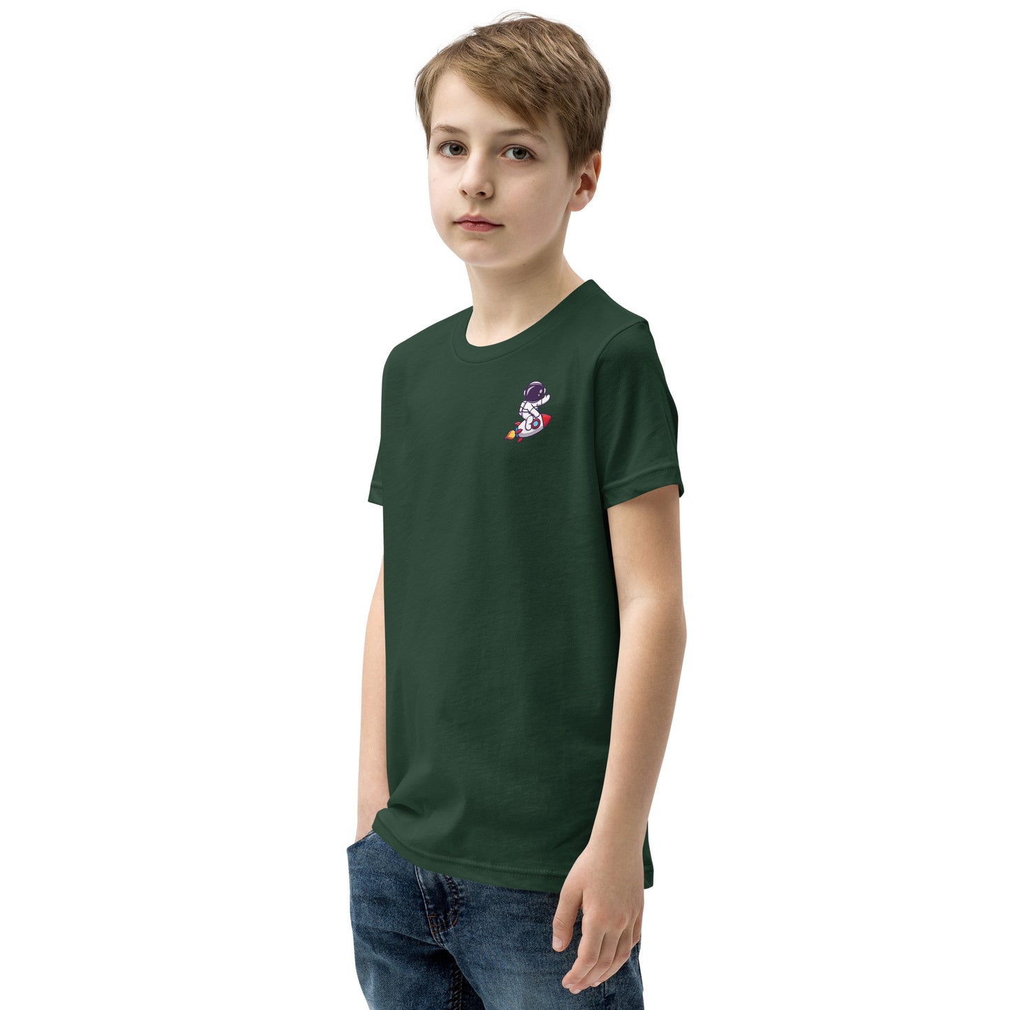 Youth Short Sleeve T-Shirt | Cute astronaut riding rocket | print on demand