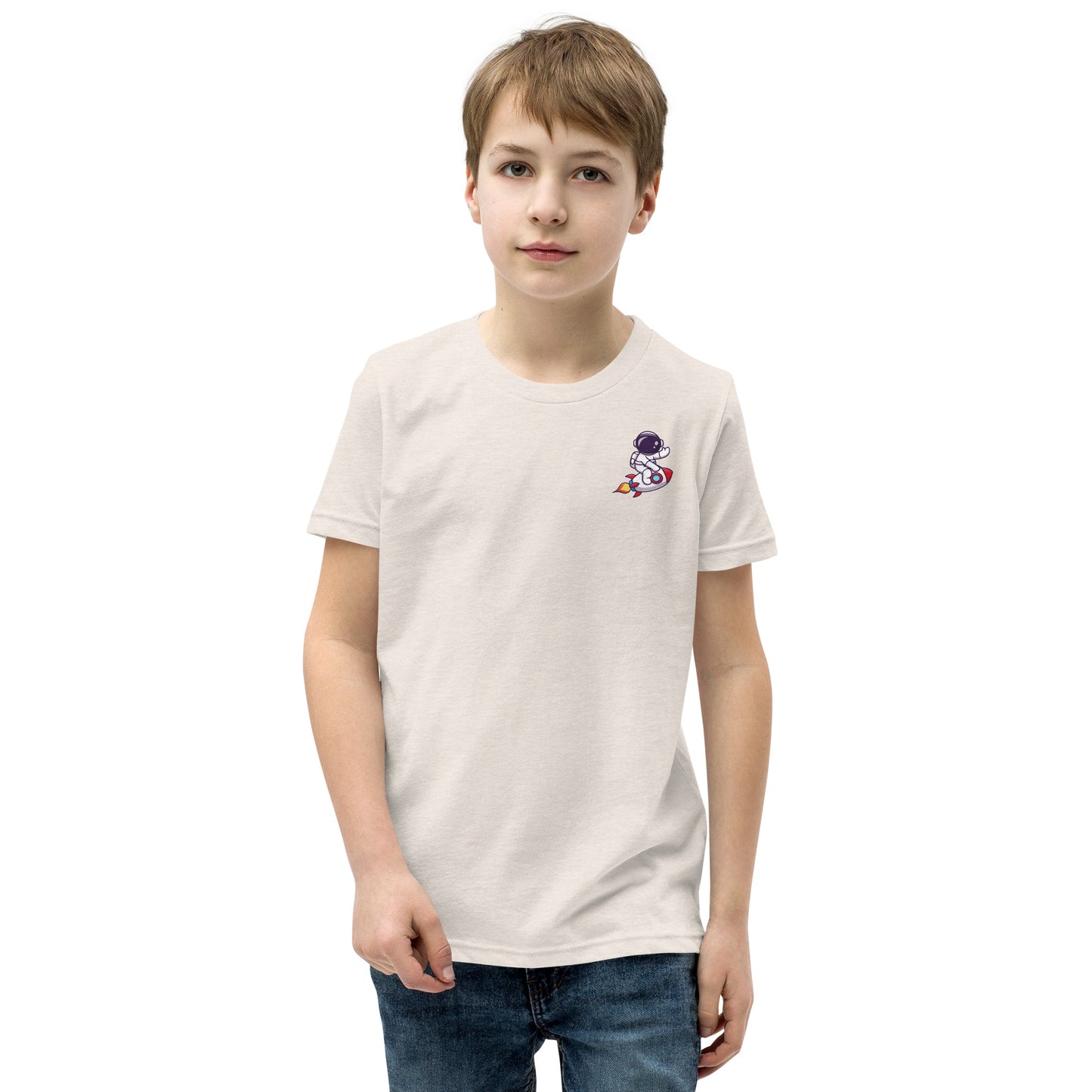Youth Short Sleeve T-Shirt | Cute astronaut riding rocket | print on demand