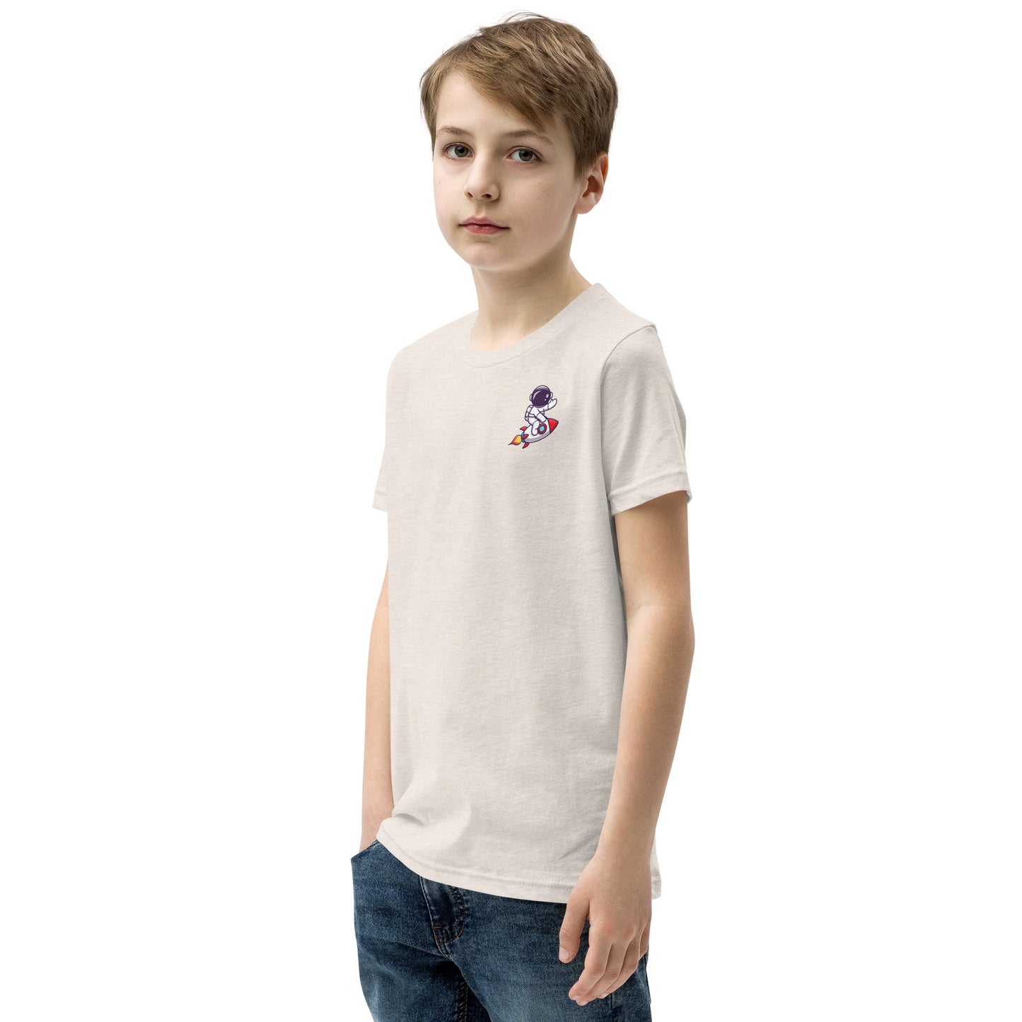 Youth Short Sleeve T-Shirt | Cute astronaut riding rocket | print on demand