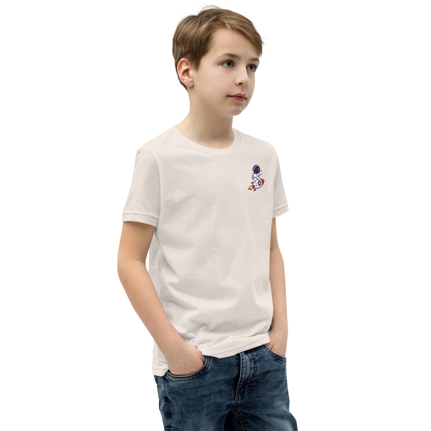 Youth Short Sleeve T-Shirt | Cute astronaut riding rocket | print on demand