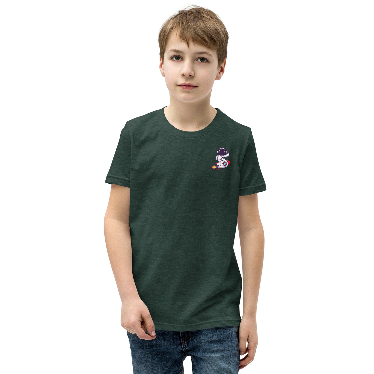 Youth Short Sleeve T-Shirt | Cute astronaut riding rocket | print on demand