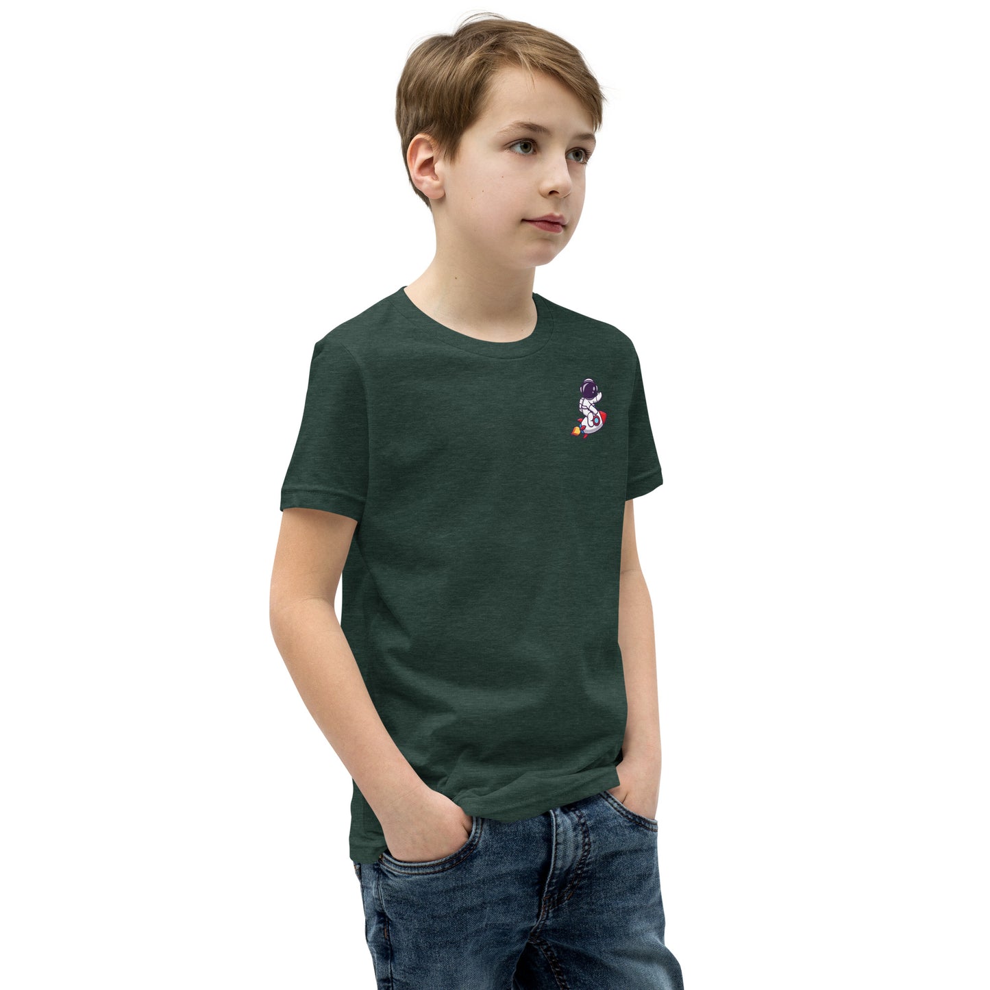 Youth Short Sleeve T-Shirt | Cute astronaut riding rocket | print on demand