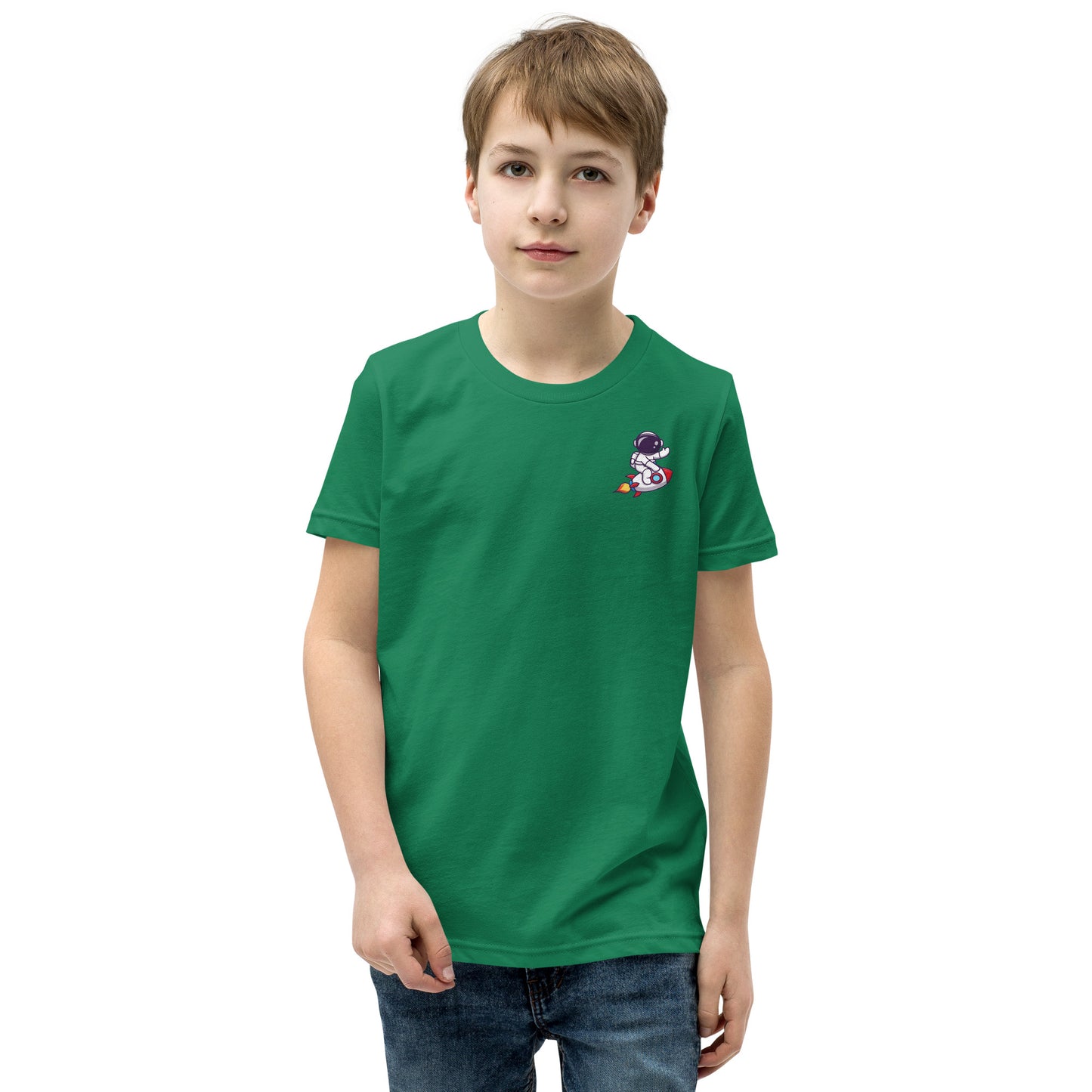 Youth Short Sleeve T-Shirt | Cute astronaut riding rocket | print on demand