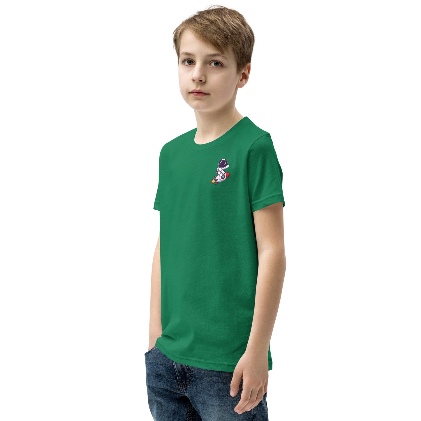 Youth Short Sleeve T-Shirt | Cute astronaut riding rocket | print on demand