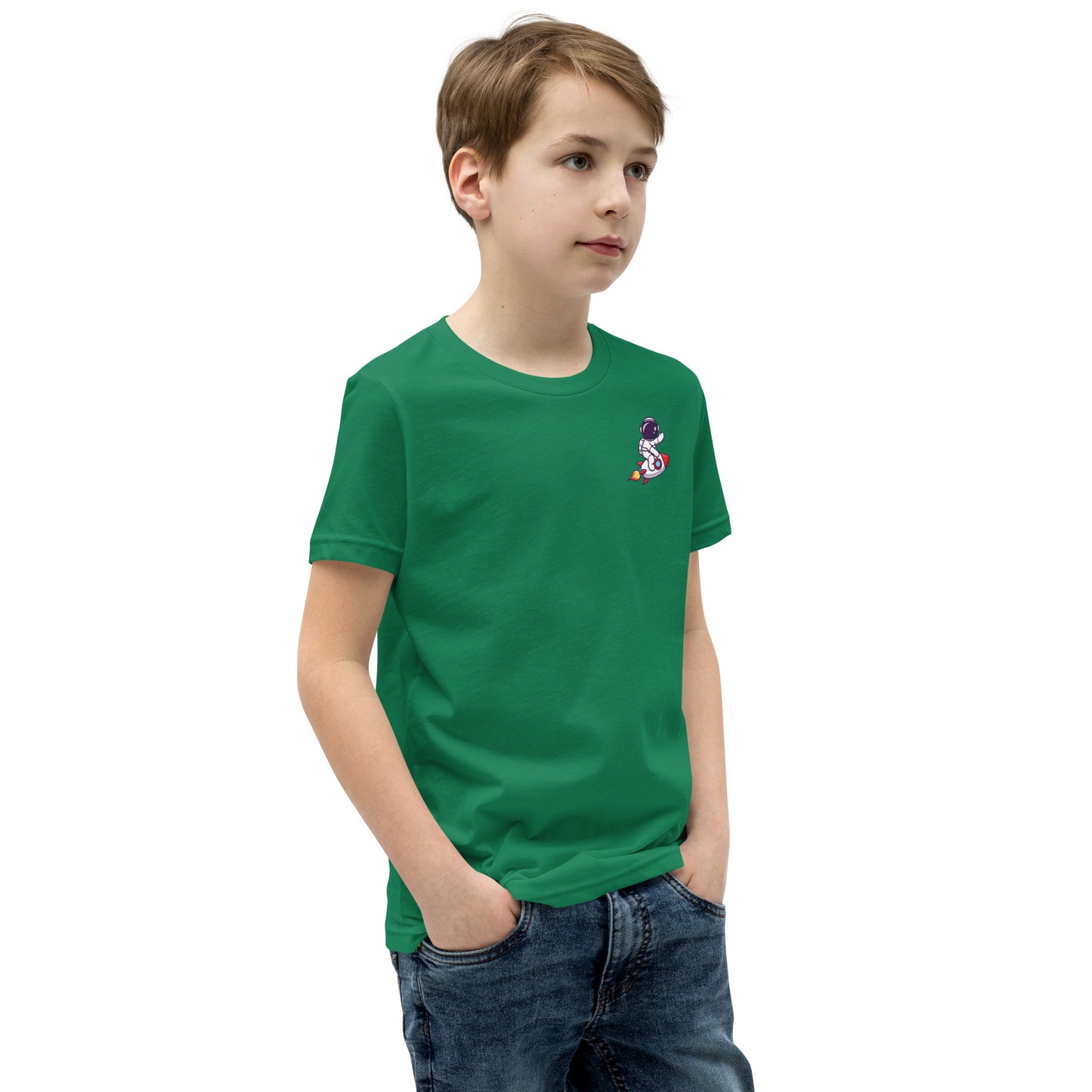 Youth Short Sleeve T-Shirt | Cute astronaut riding rocket | print on demand
