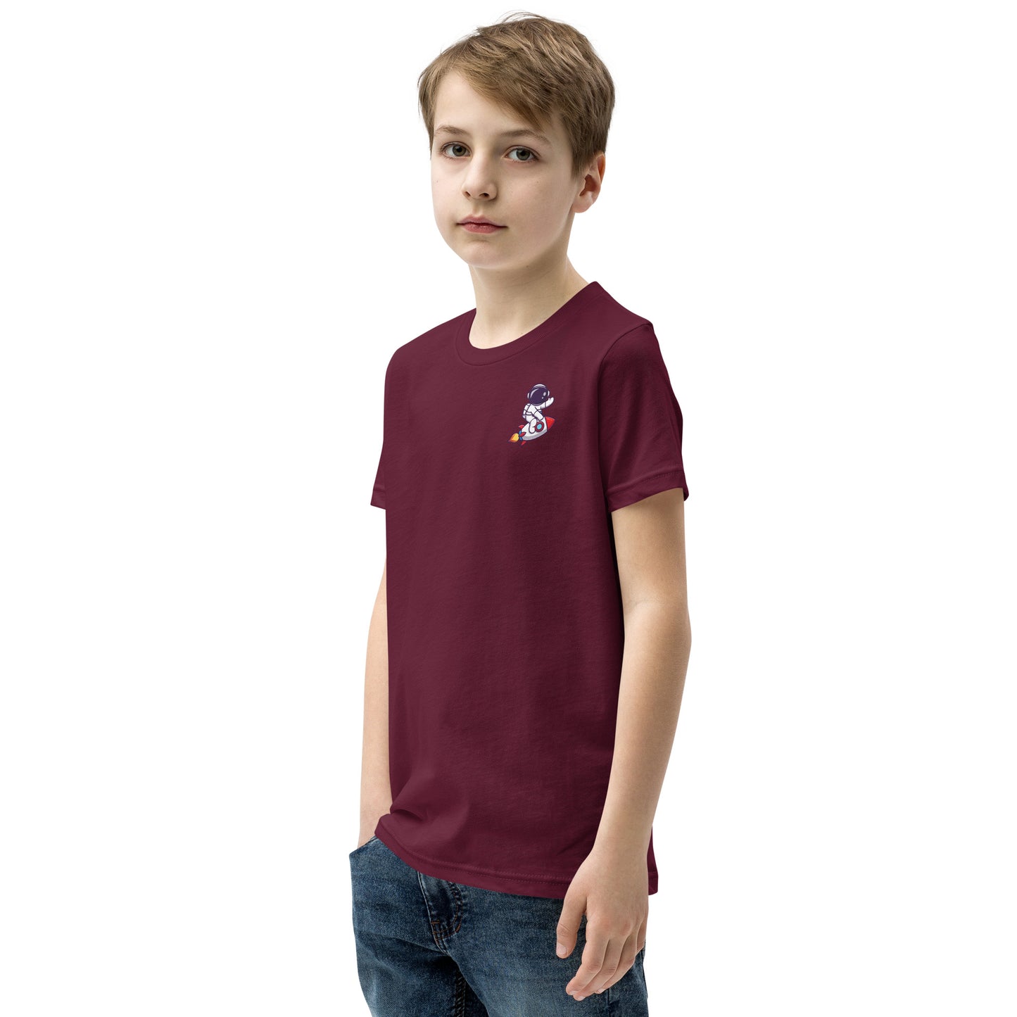 Youth Short Sleeve T-Shirt | Cute astronaut riding rocket | print on demand