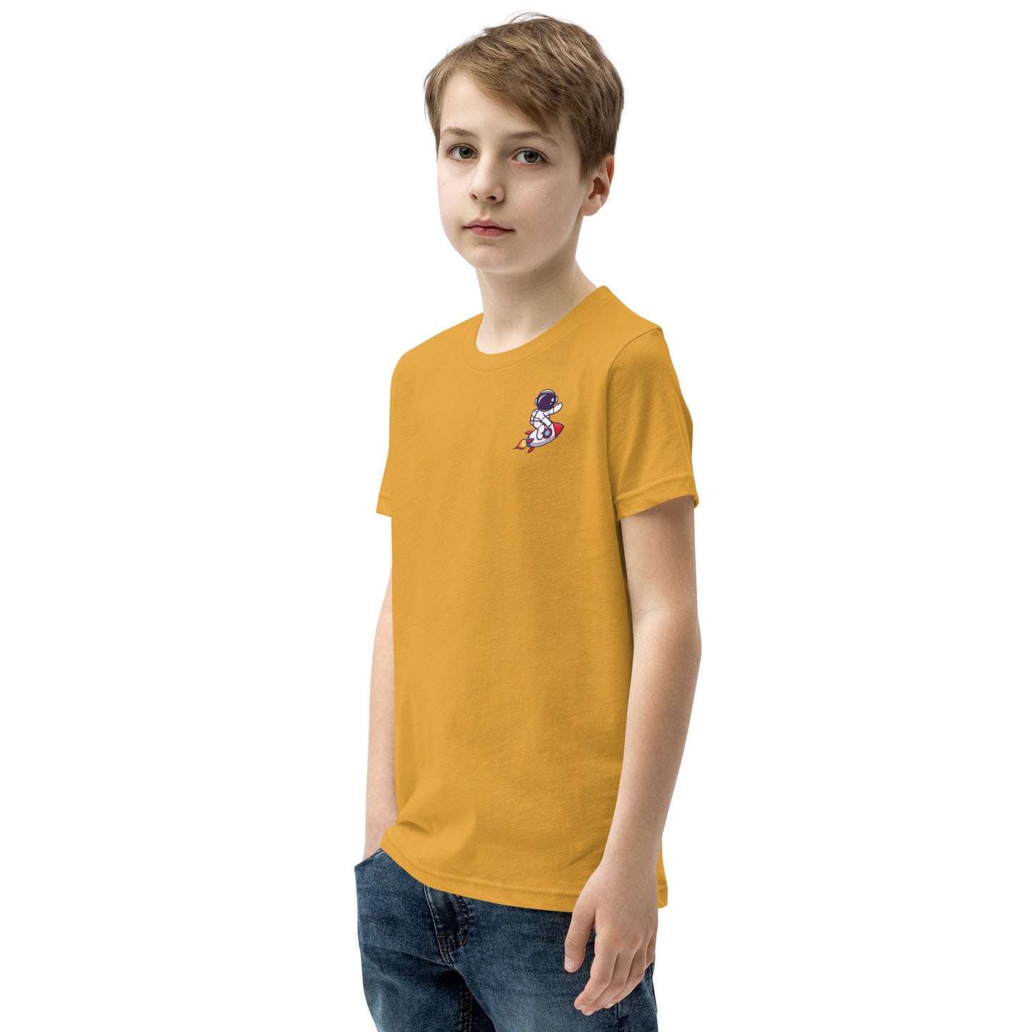 Youth Short Sleeve T-Shirt | Cute astronaut riding rocket | print on demand