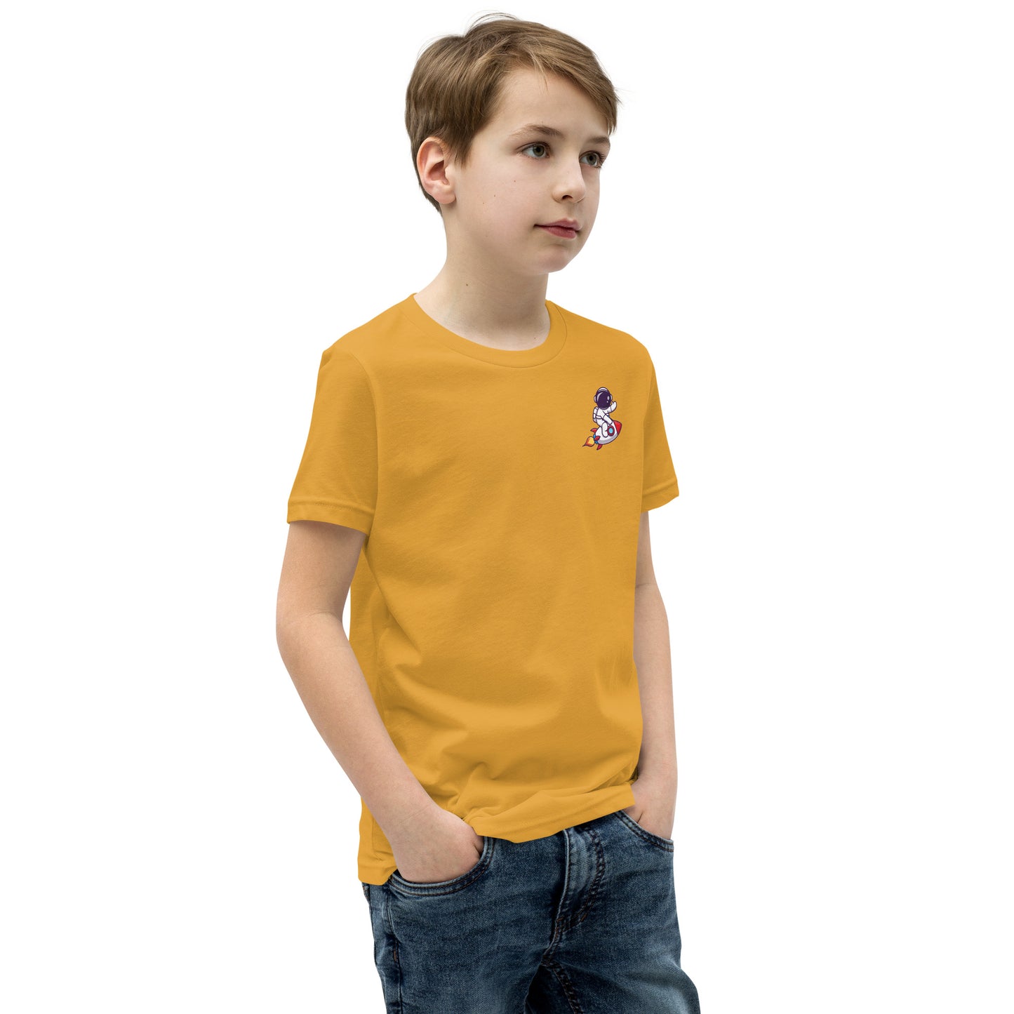Youth Short Sleeve T-Shirt | Cute astronaut riding rocket | print on demand