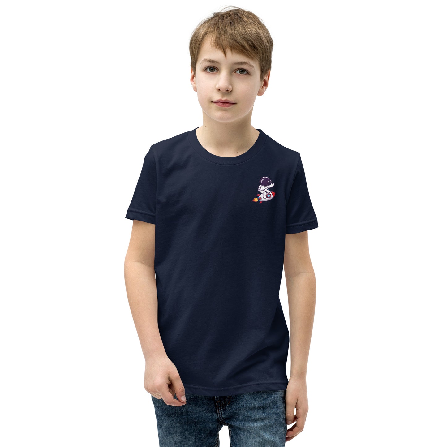 Youth Short Sleeve T-Shirt | Cute astronaut riding rocket | print on demand