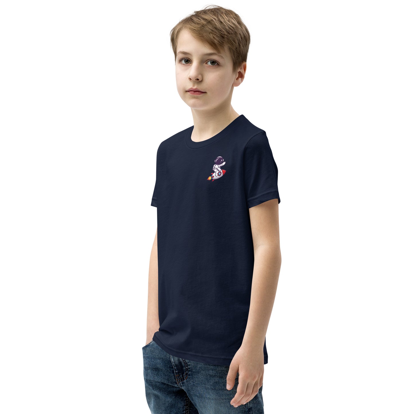 Youth Short Sleeve T-Shirt | Cute astronaut riding rocket | print on demand