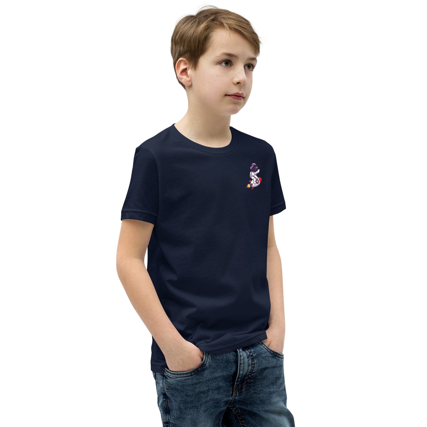 Youth Short Sleeve T-Shirt | Cute astronaut riding rocket | print on demand