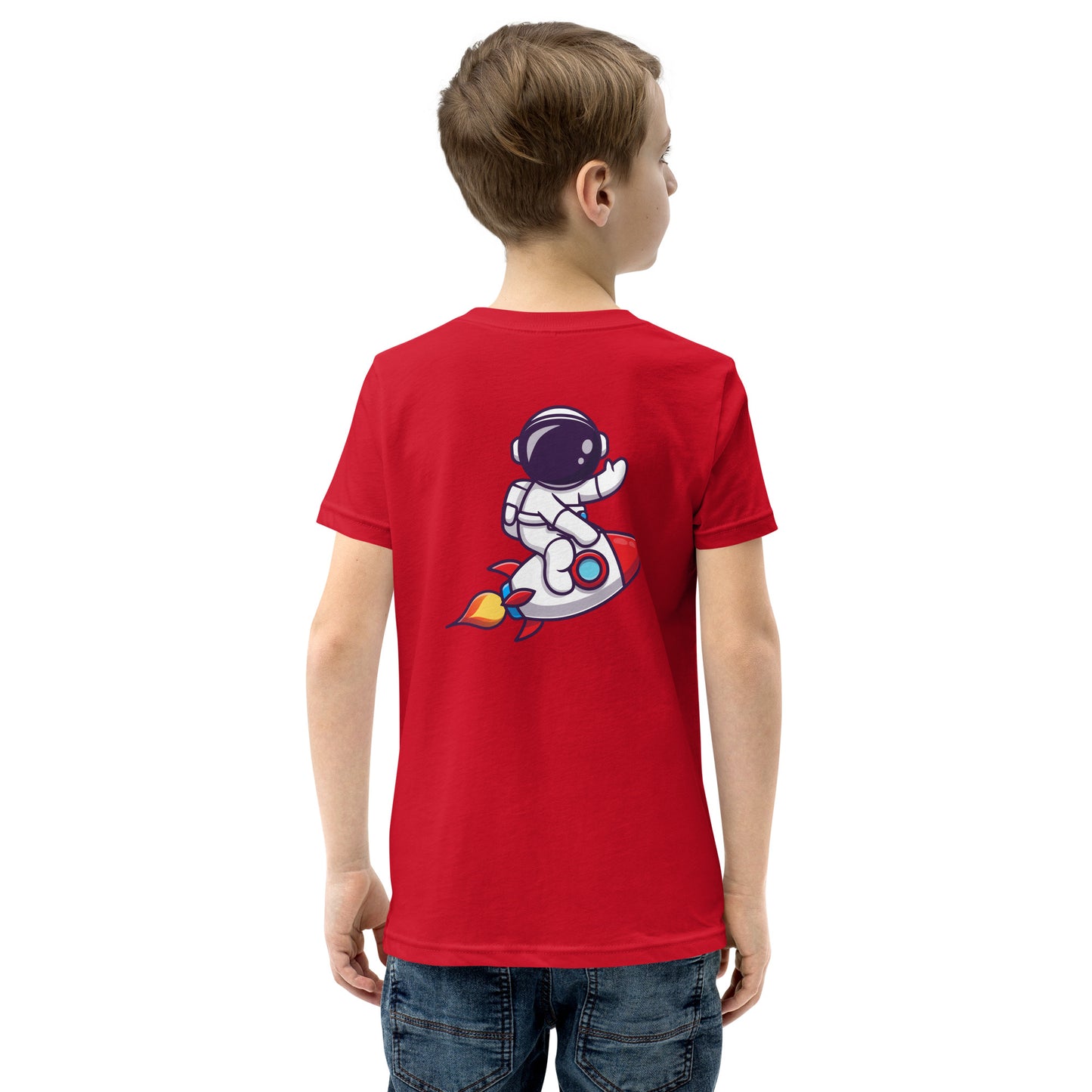 Youth Short Sleeve T-Shirt | Cute astronaut riding rocket | print on demand