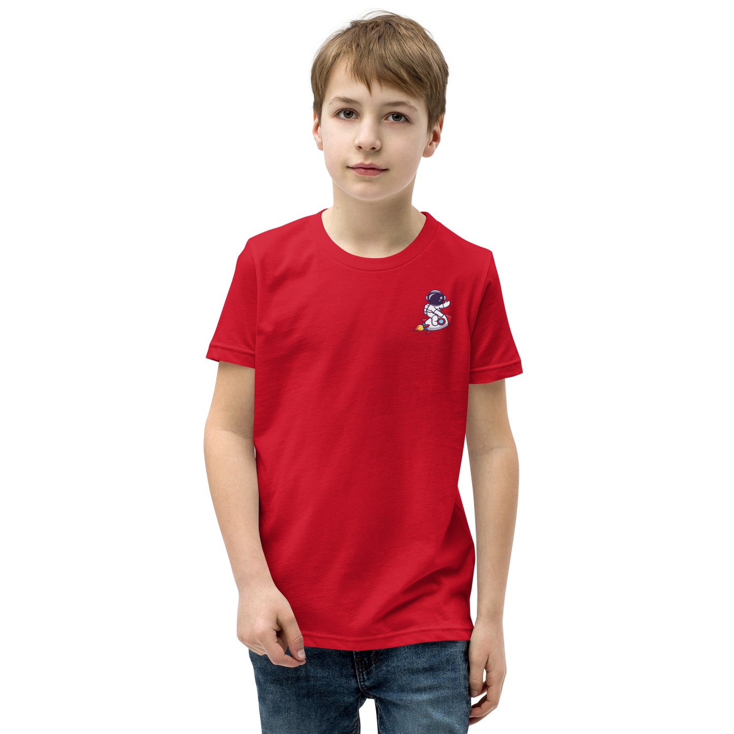 Youth Short Sleeve T-Shirt | Cute astronaut riding rocket | print on demand