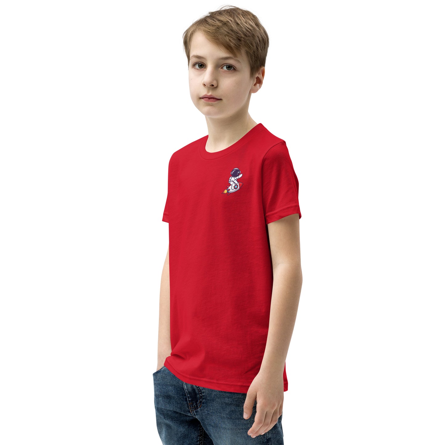 Youth Short Sleeve T-Shirt | Cute astronaut riding rocket | print on demand