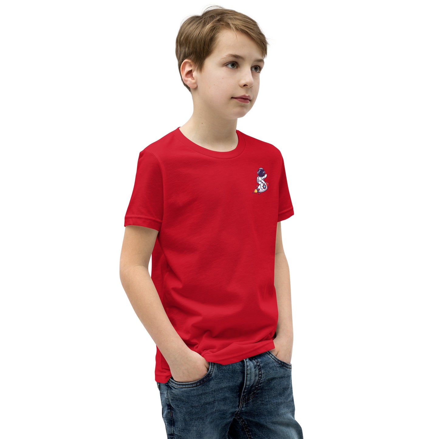 Youth Short Sleeve T-Shirt | Cute astronaut riding rocket | print on demand