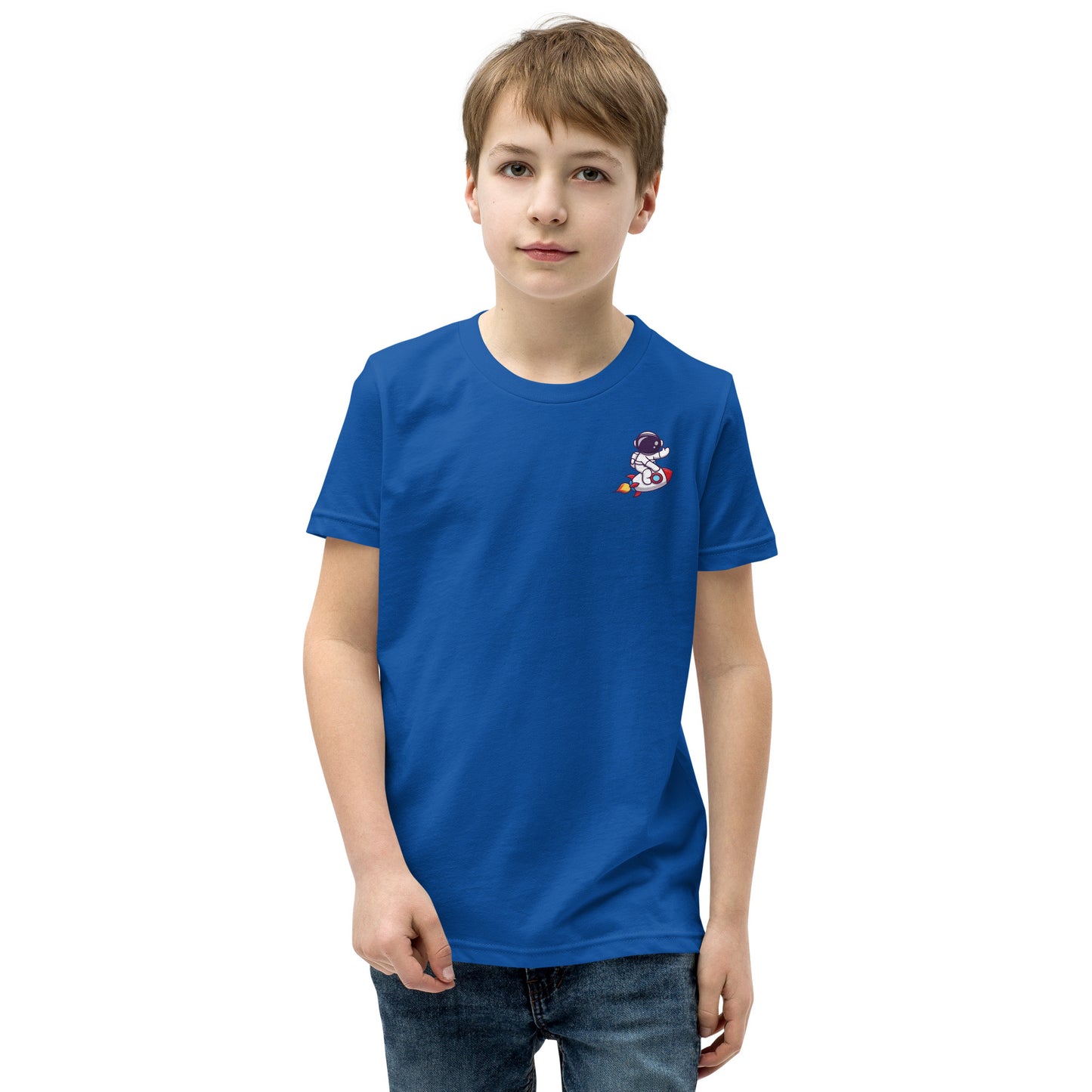 Youth Short Sleeve T-Shirt | Cute astronaut riding rocket | print on demand