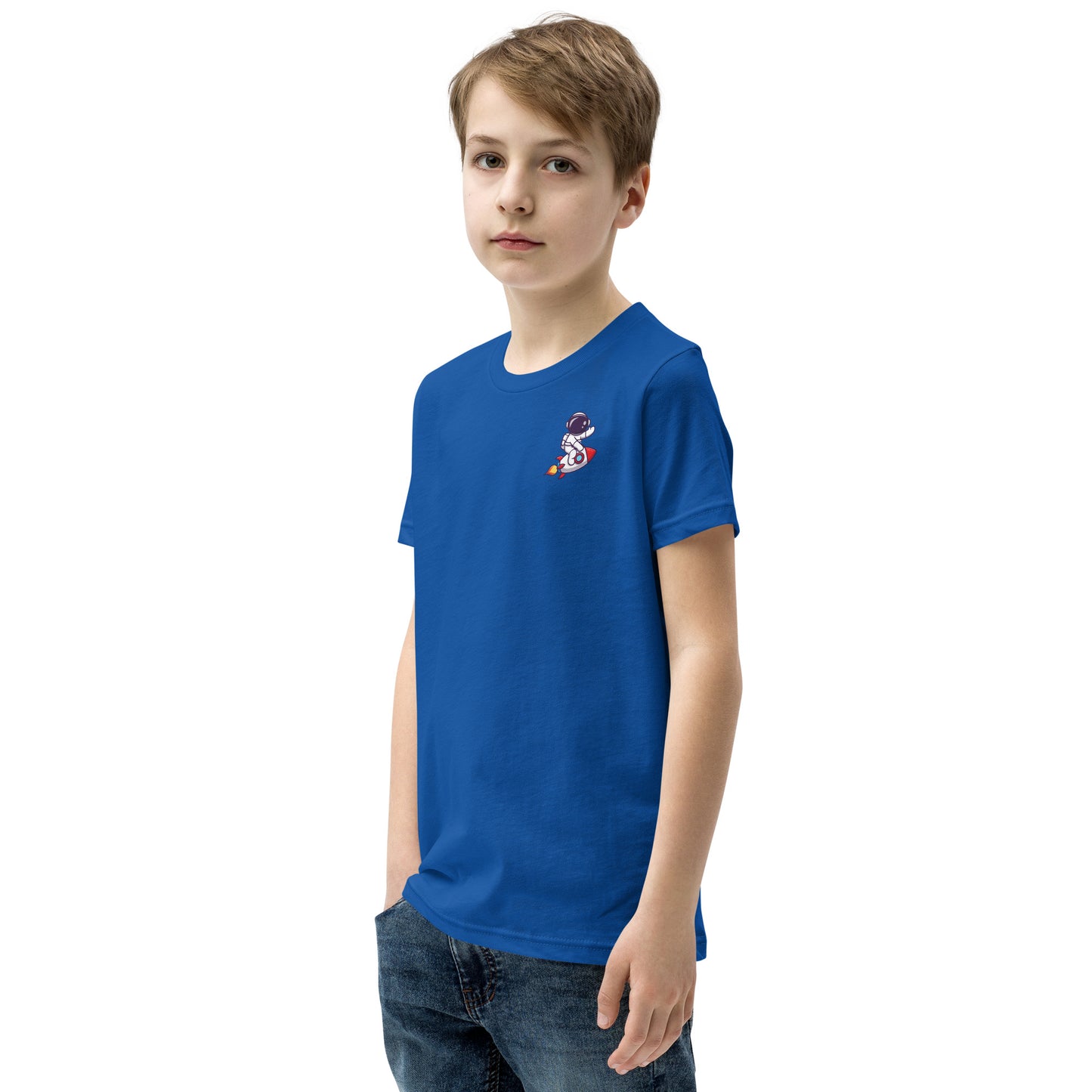 Youth Short Sleeve T-Shirt | Cute astronaut riding rocket | print on demand