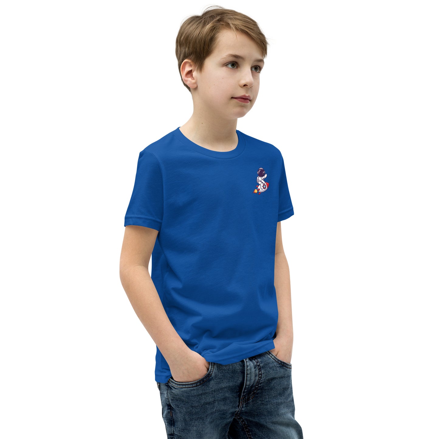 Youth Short Sleeve T-Shirt | Cute astronaut riding rocket | print on demand