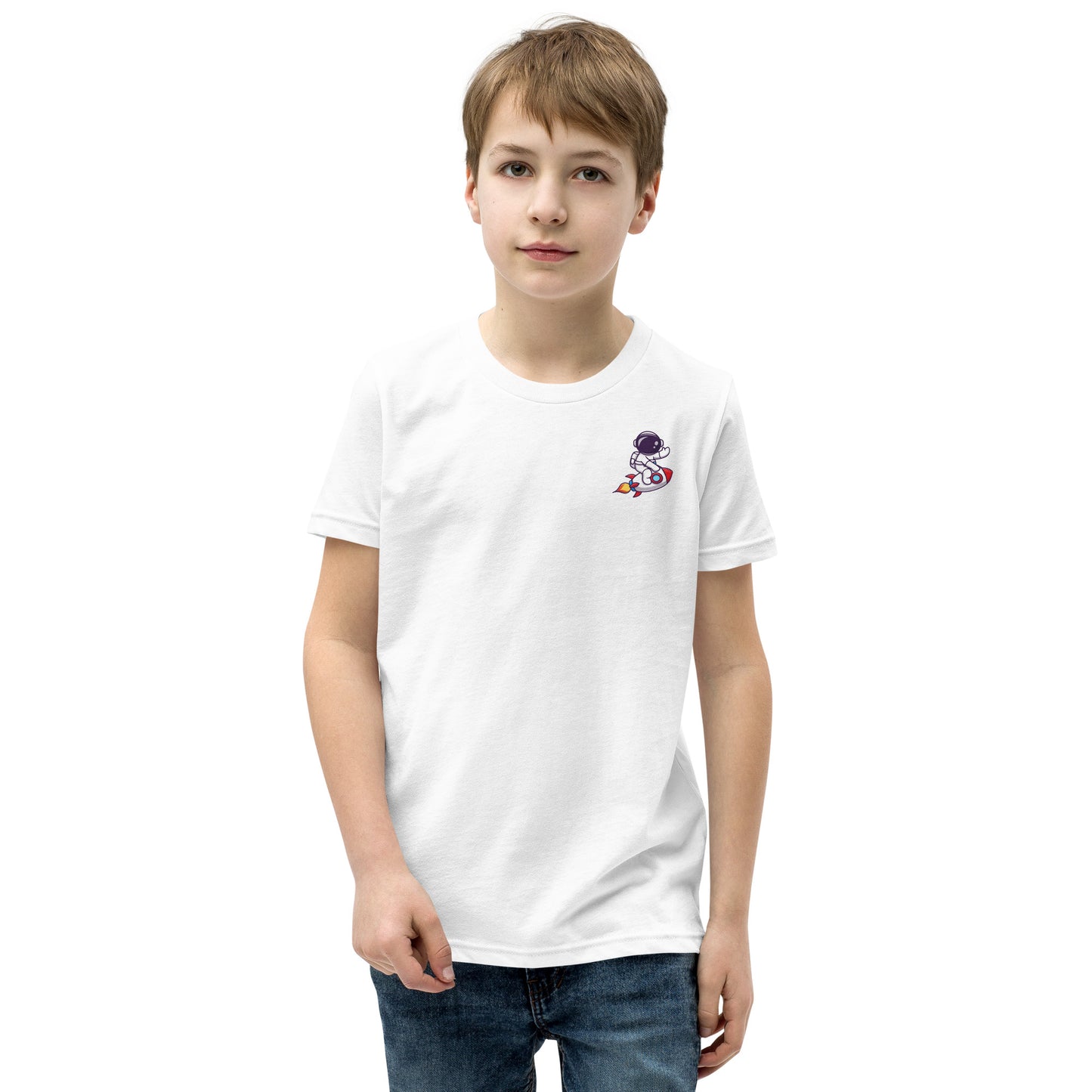 Youth Short Sleeve T-Shirt | Cute astronaut riding rocket | print on demand