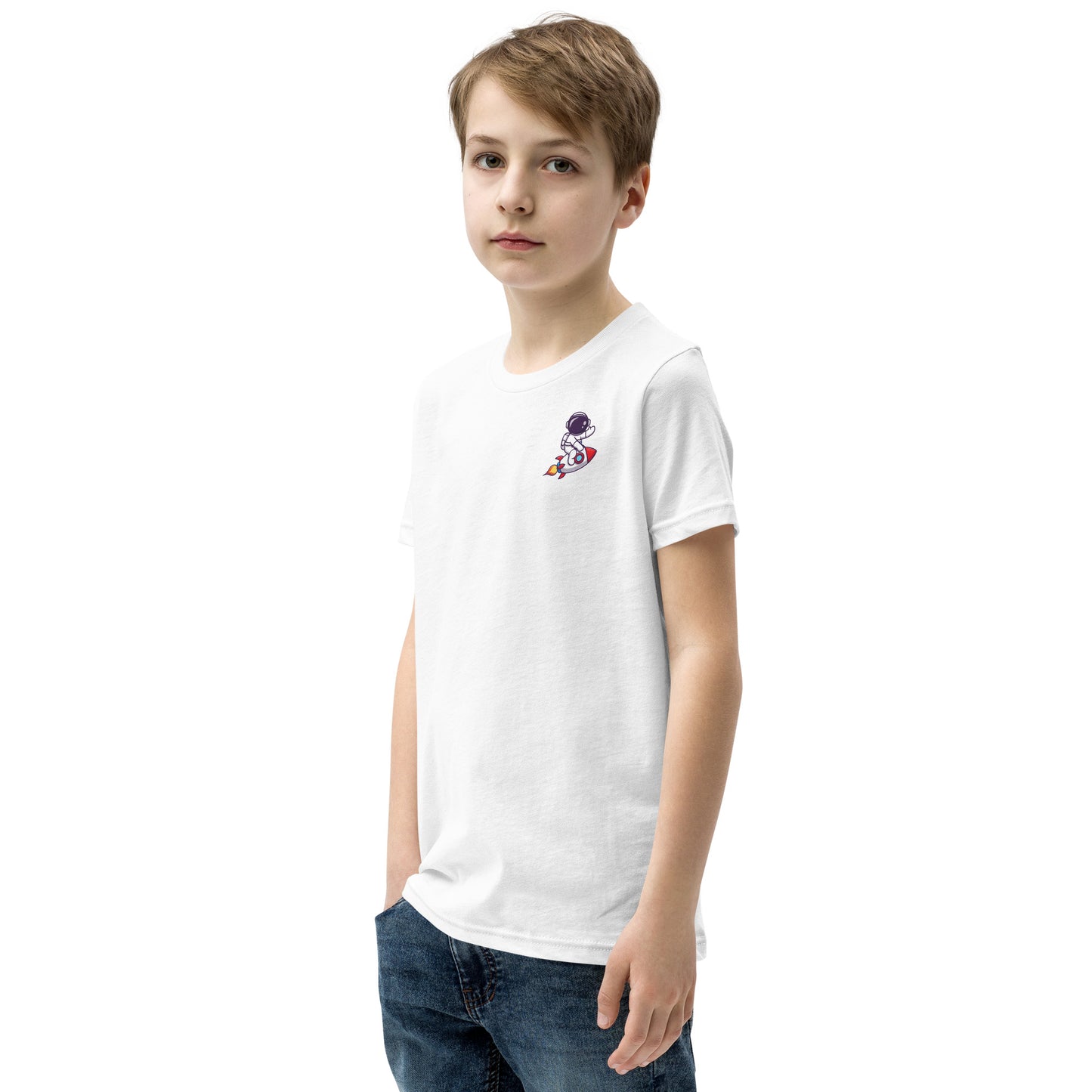 Youth Short Sleeve T-Shirt | Cute astronaut riding rocket | print on demand